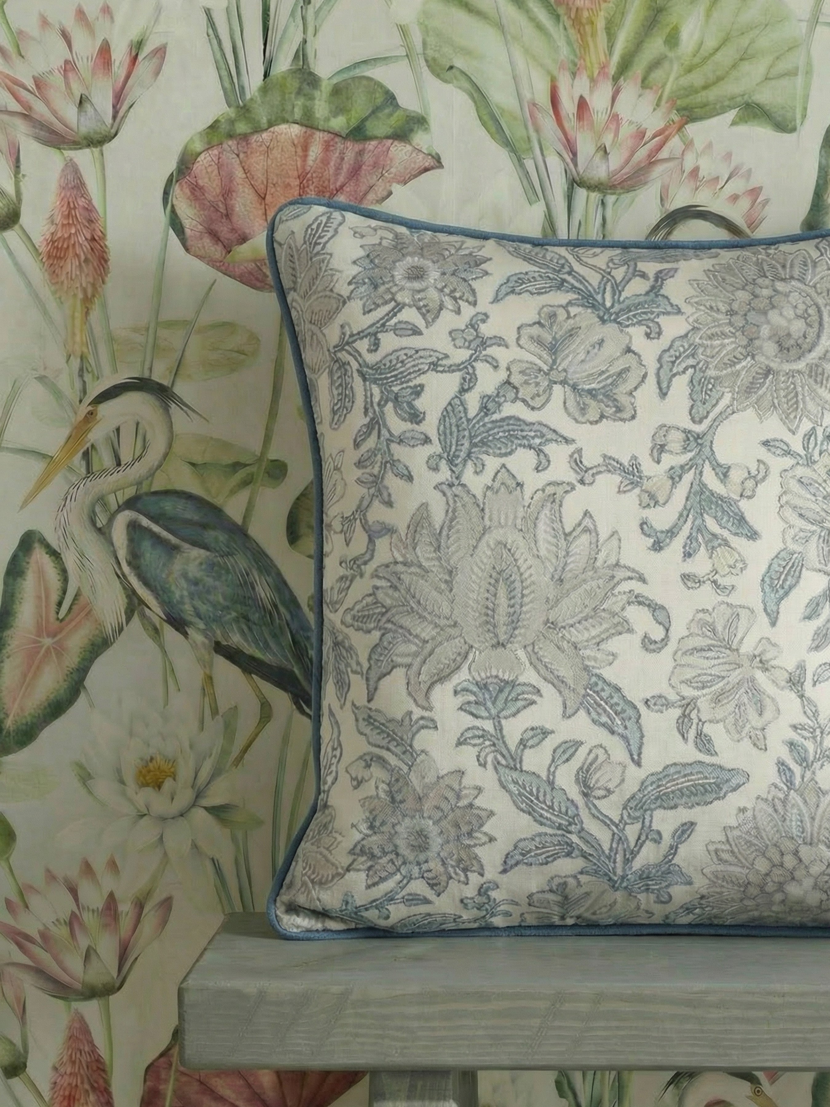 Nima Floral Taupe/Soft Blue Cushion - Esselle Home