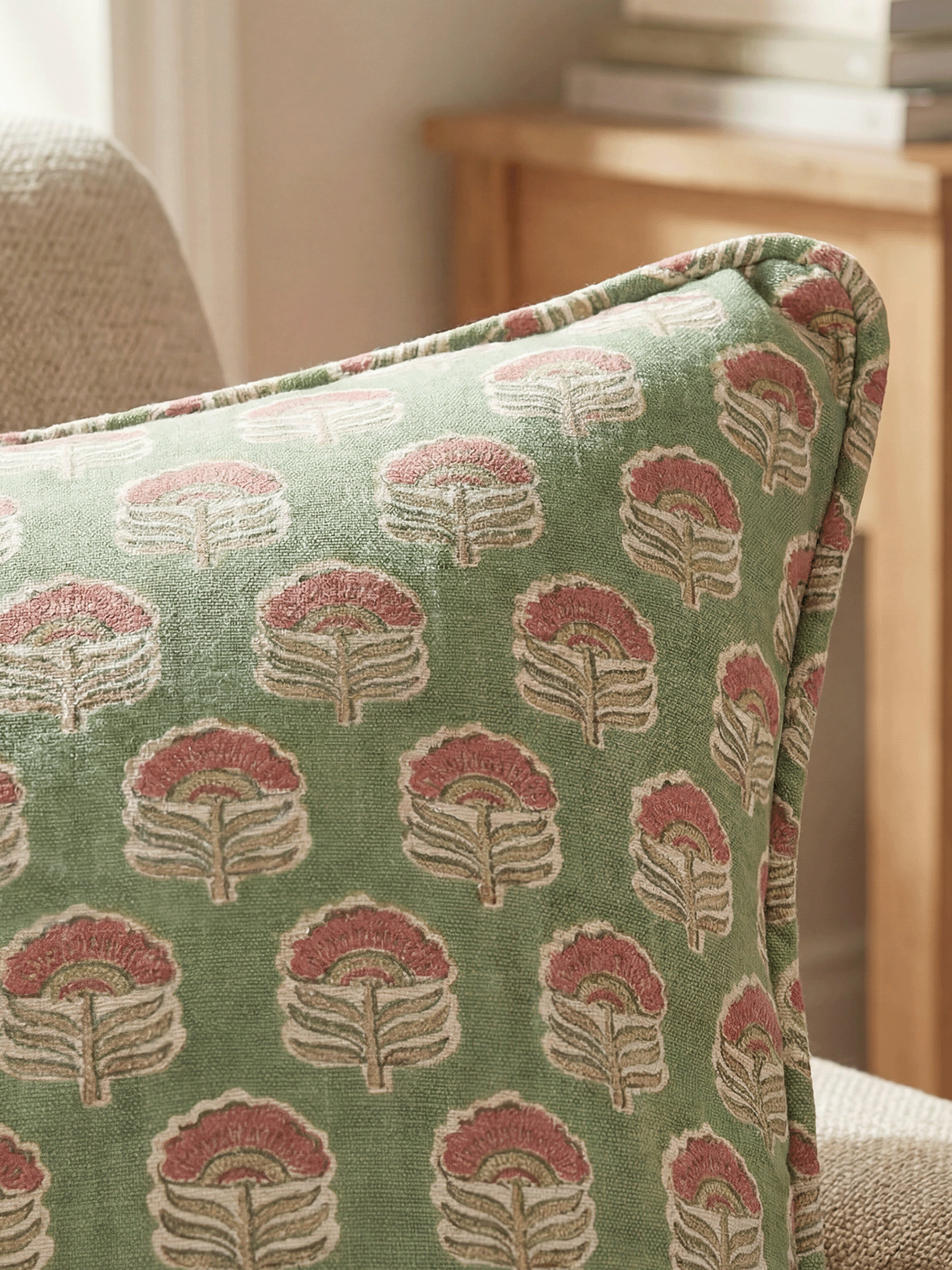 Wallington Floral Moss/Raspberry Cushion - Esselle Home