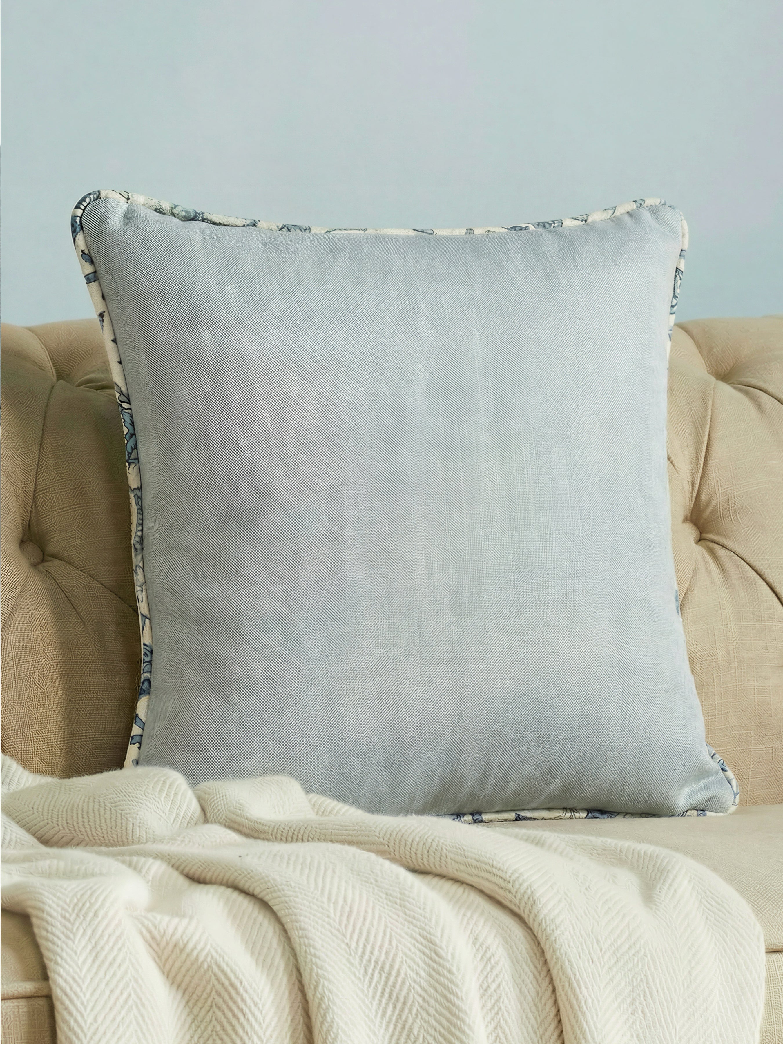 Eden Plain/Nima Floral Soft Blue Cushion - Esselle Home
