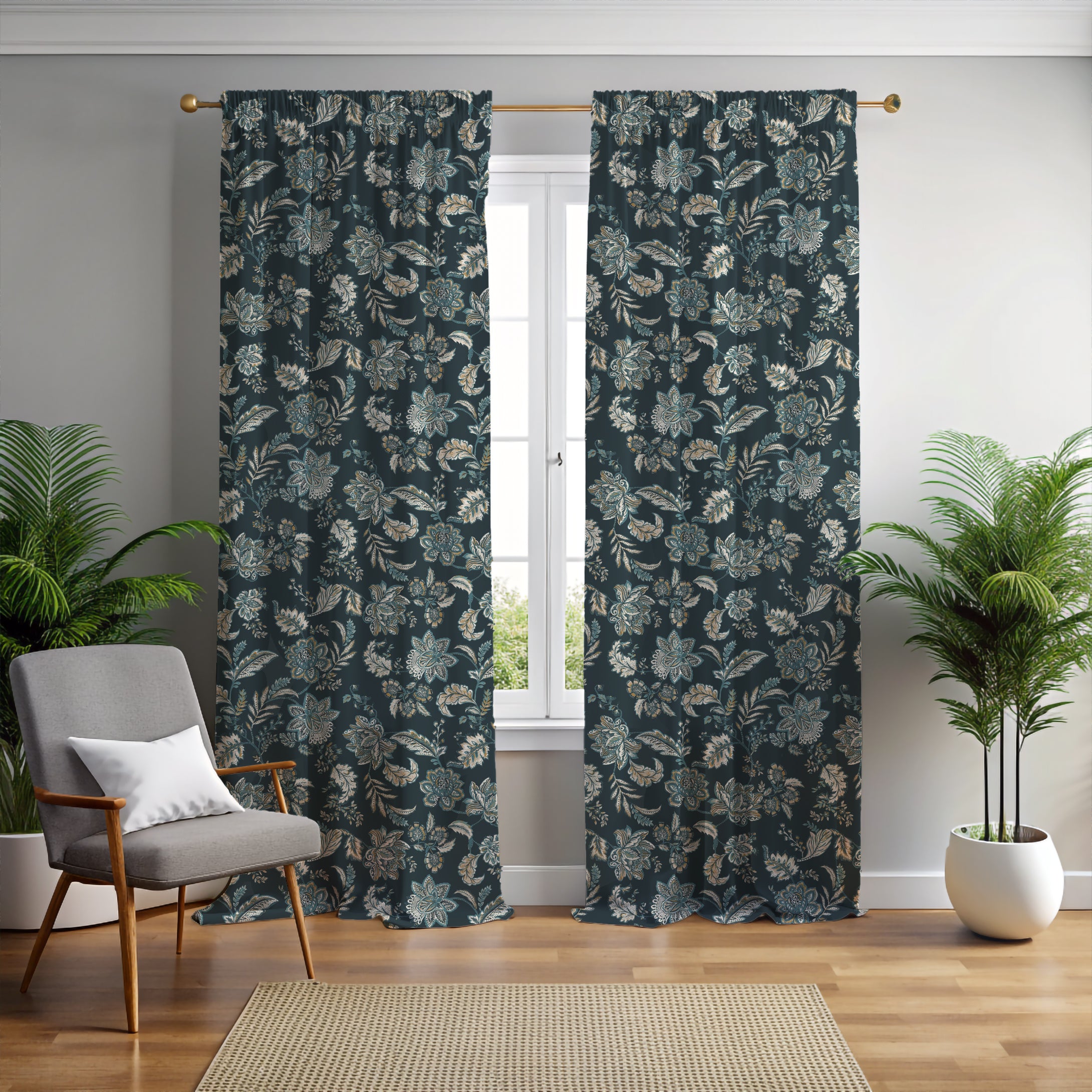 Kashmir Jacobean Navy/Teal Curtain