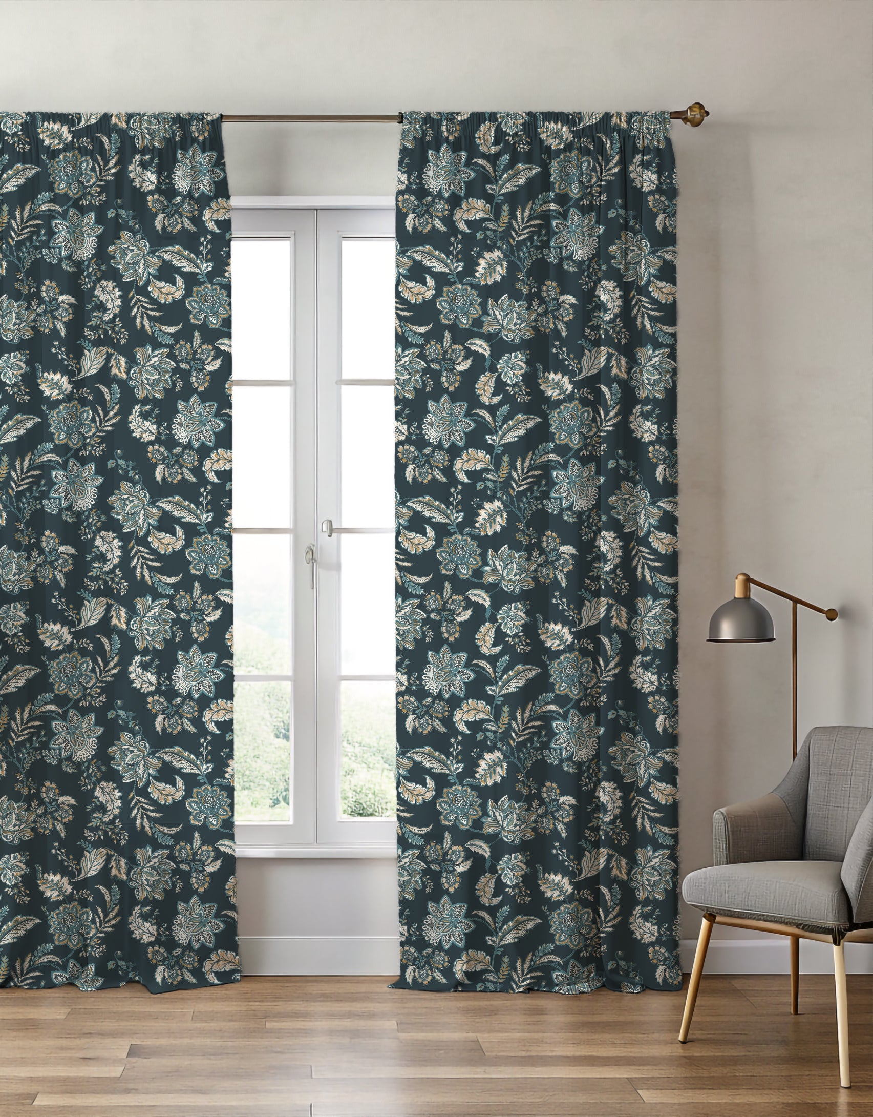 Kashmir Jacobean Navy/Teal Curtain