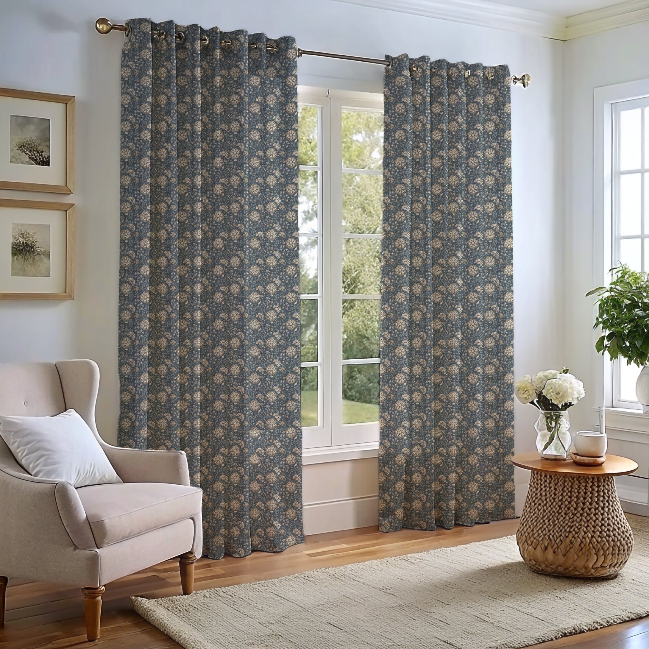 Lucien Trail Taupe/Navy Curtain