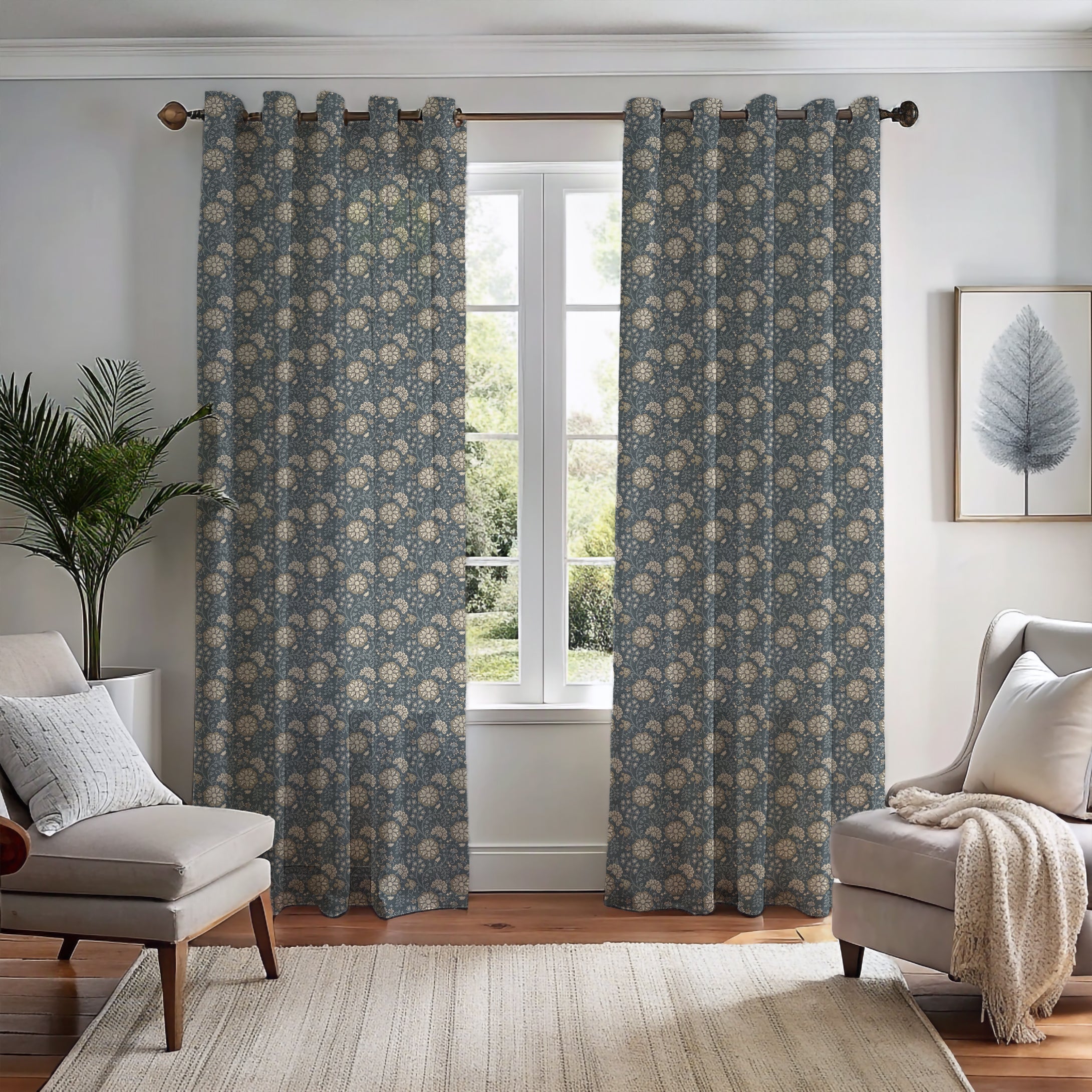 Lucien Trail Taupe/Navy Curtain