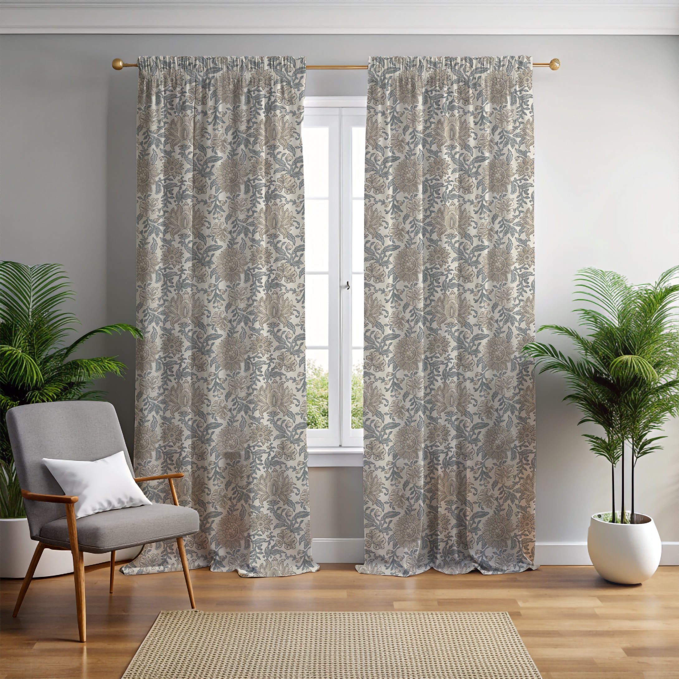 Nima Floral Taupe/Soft Blue Curtain