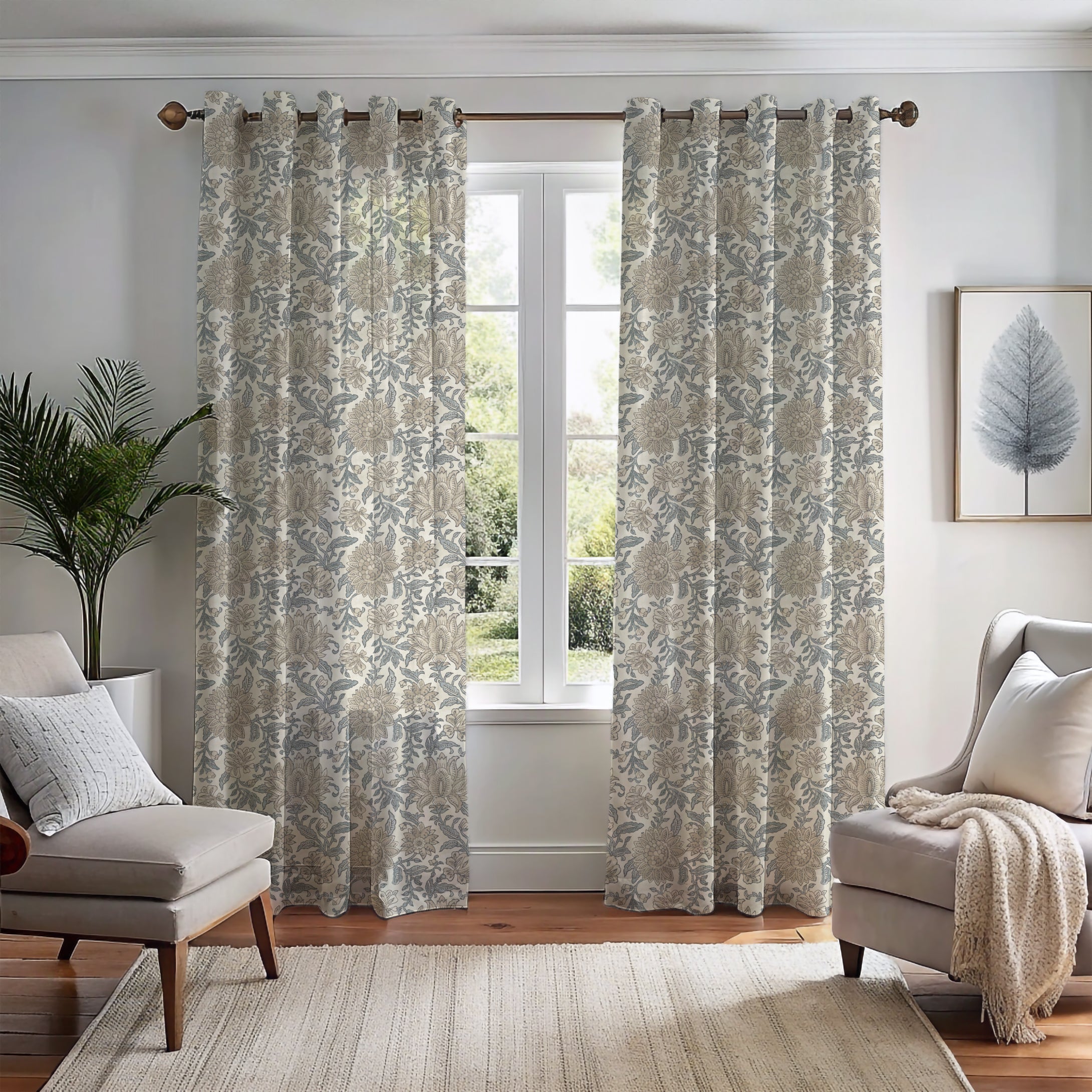 Nima Floral Taupe/Soft Blue Curtain