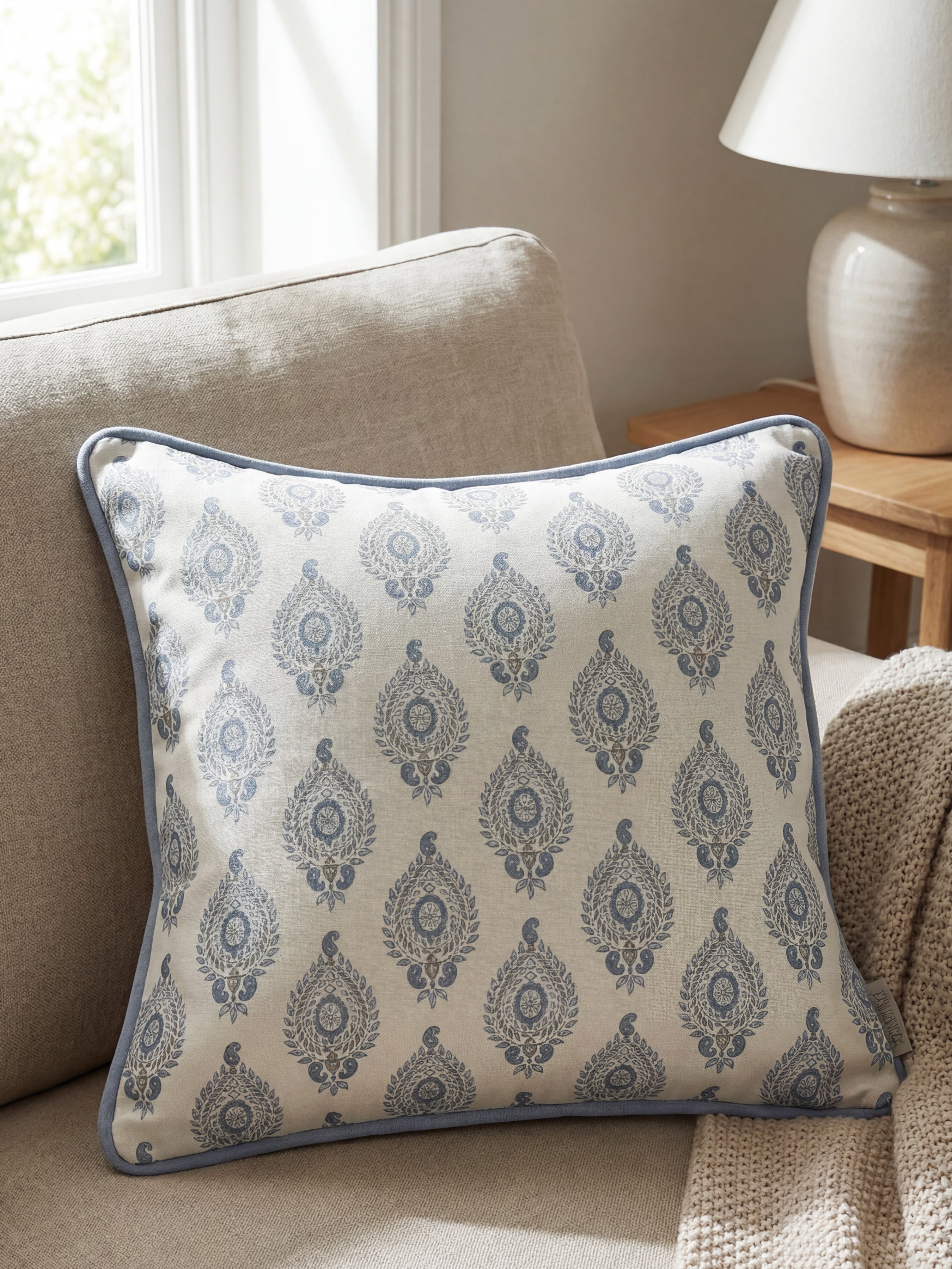 Naya Motif Blue/Taupe Cushion - Esselle Home