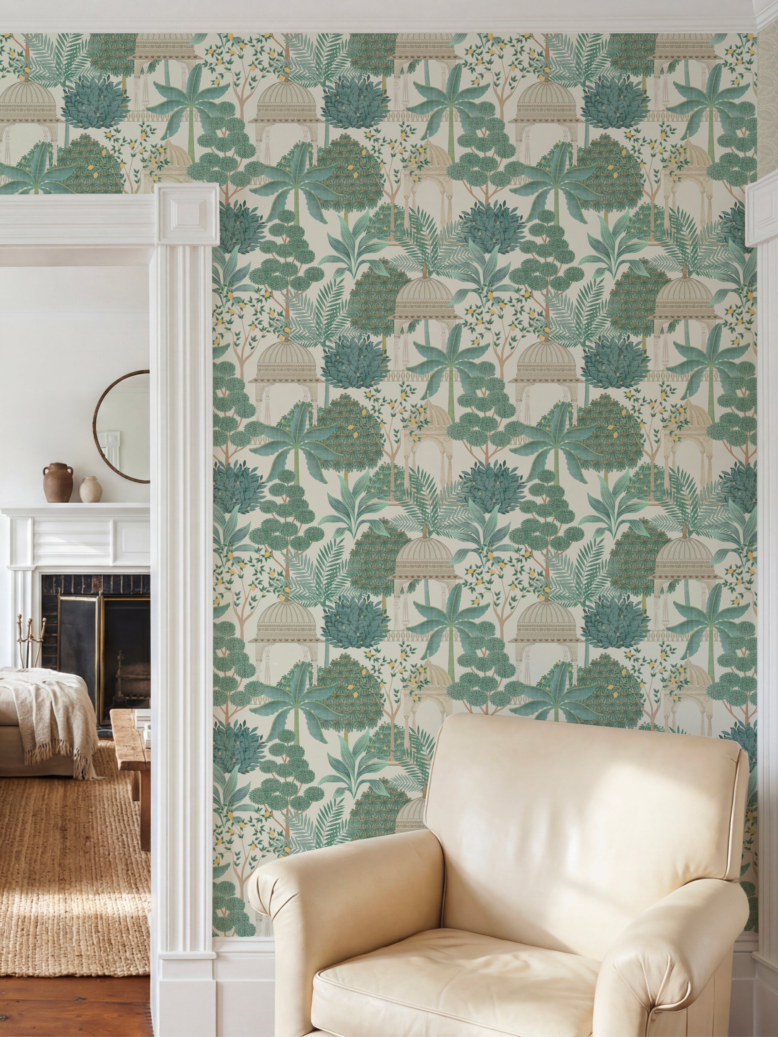 Exotic Pavilion Parchment/Green Wallpaper - Esselle Home