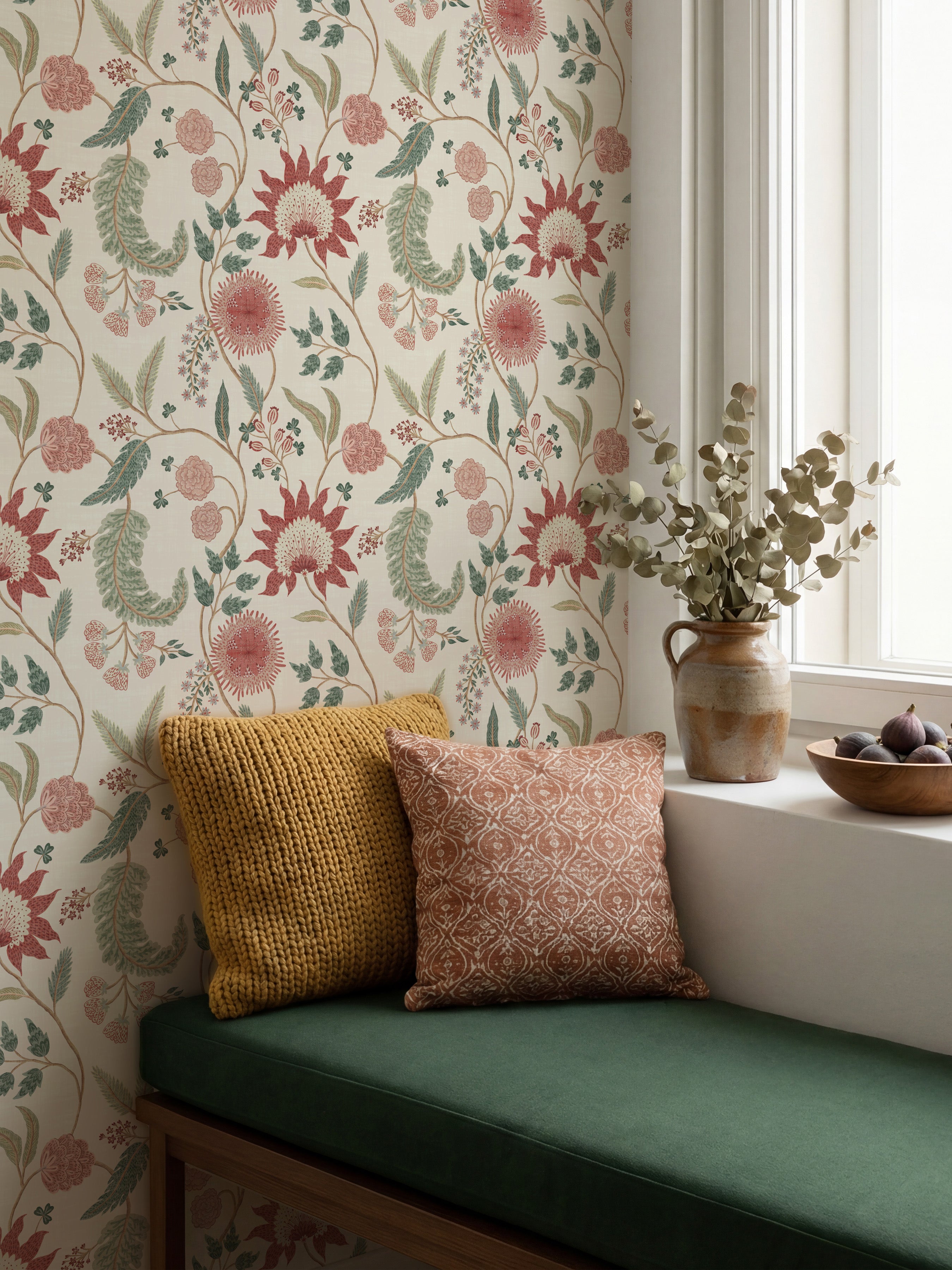 Fable Trail Linen/Raspberry/Green Wallpaper
