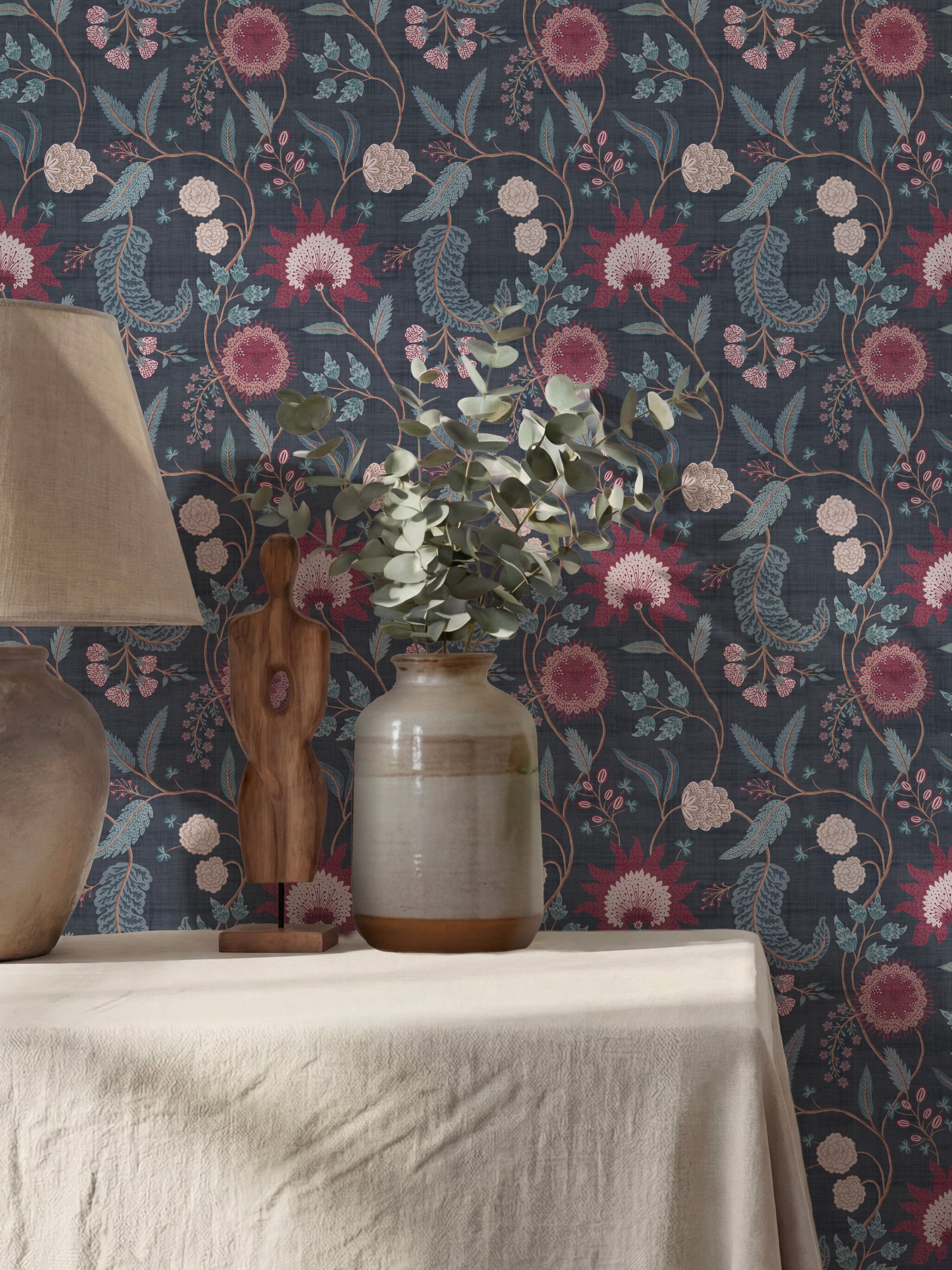 Fable Trail Navy/Berry Wallpaper - Esselle Home