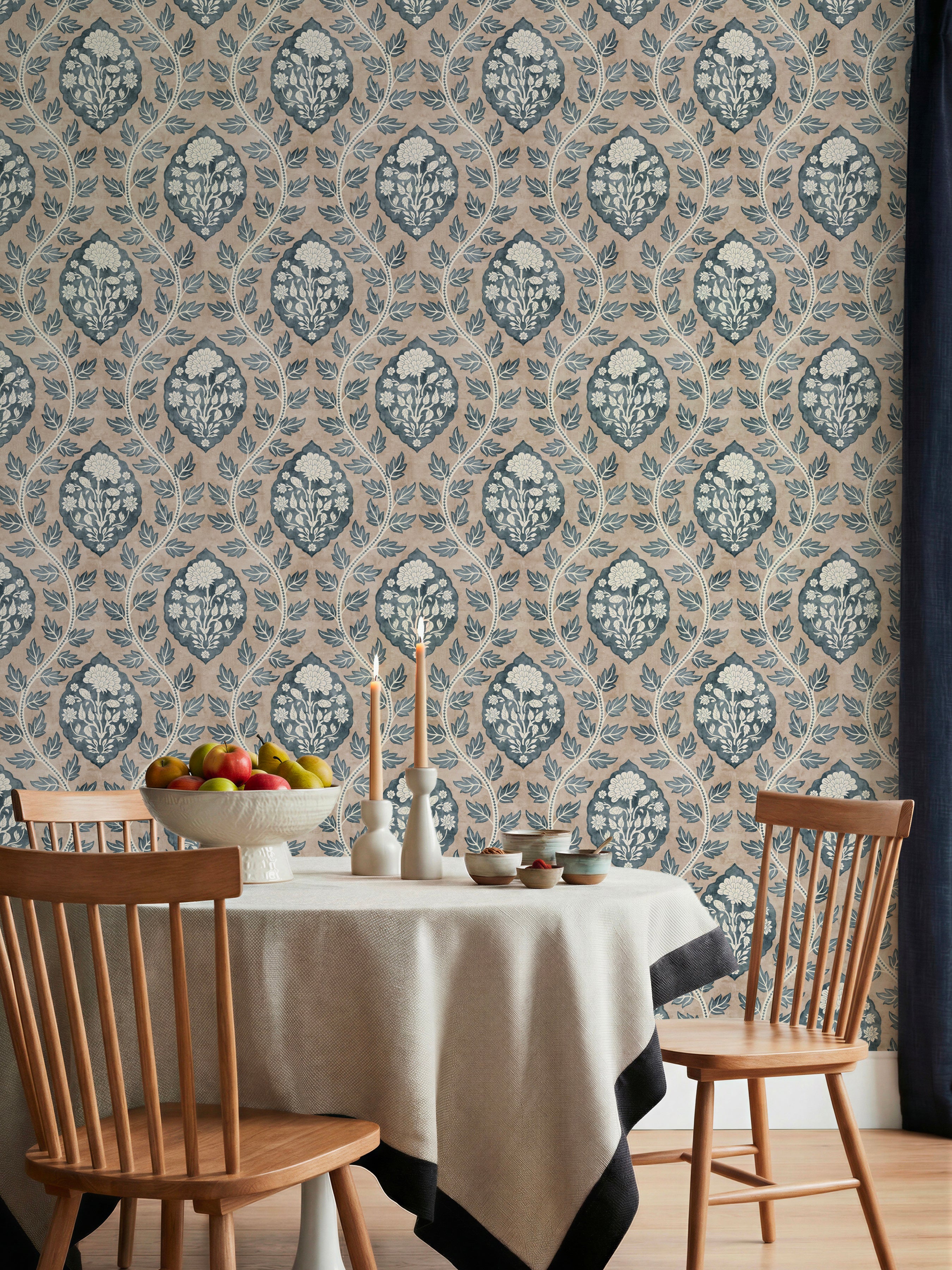 Floral Cartouche Stone Blue Wallpaper - Esselle Home