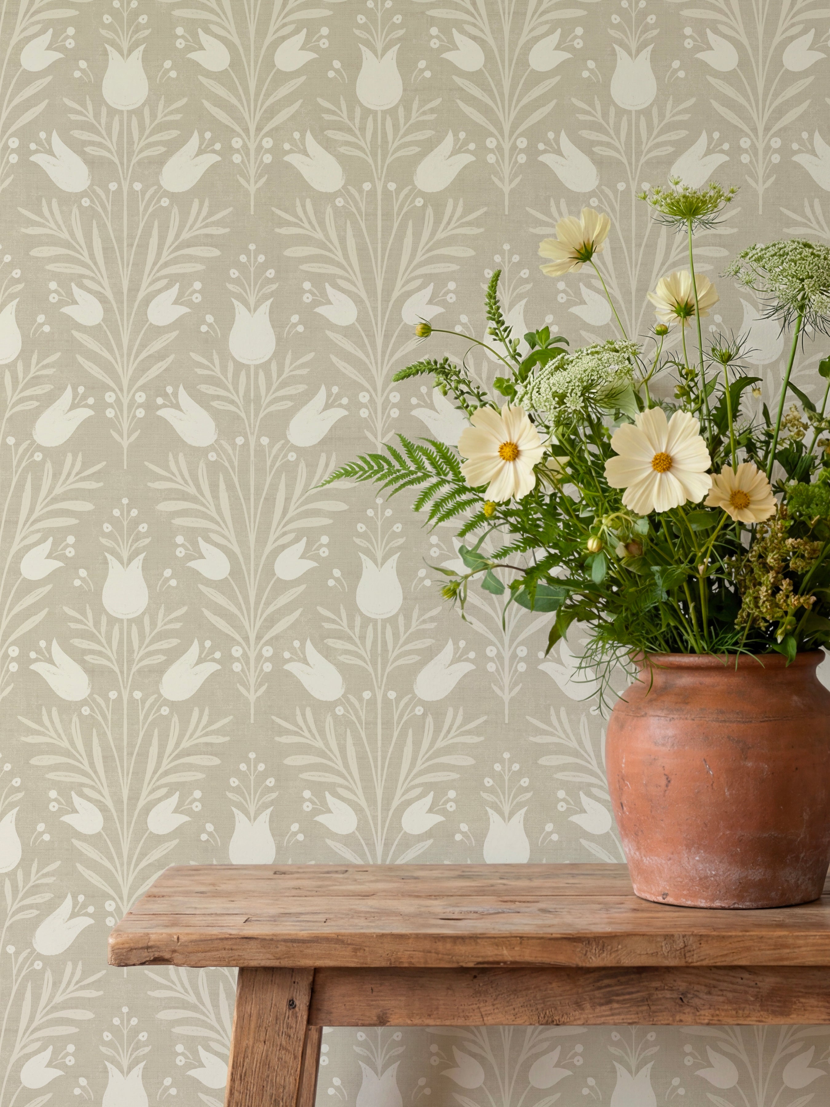Heritage Tulip Taupe Wallpaper - Esselle Home