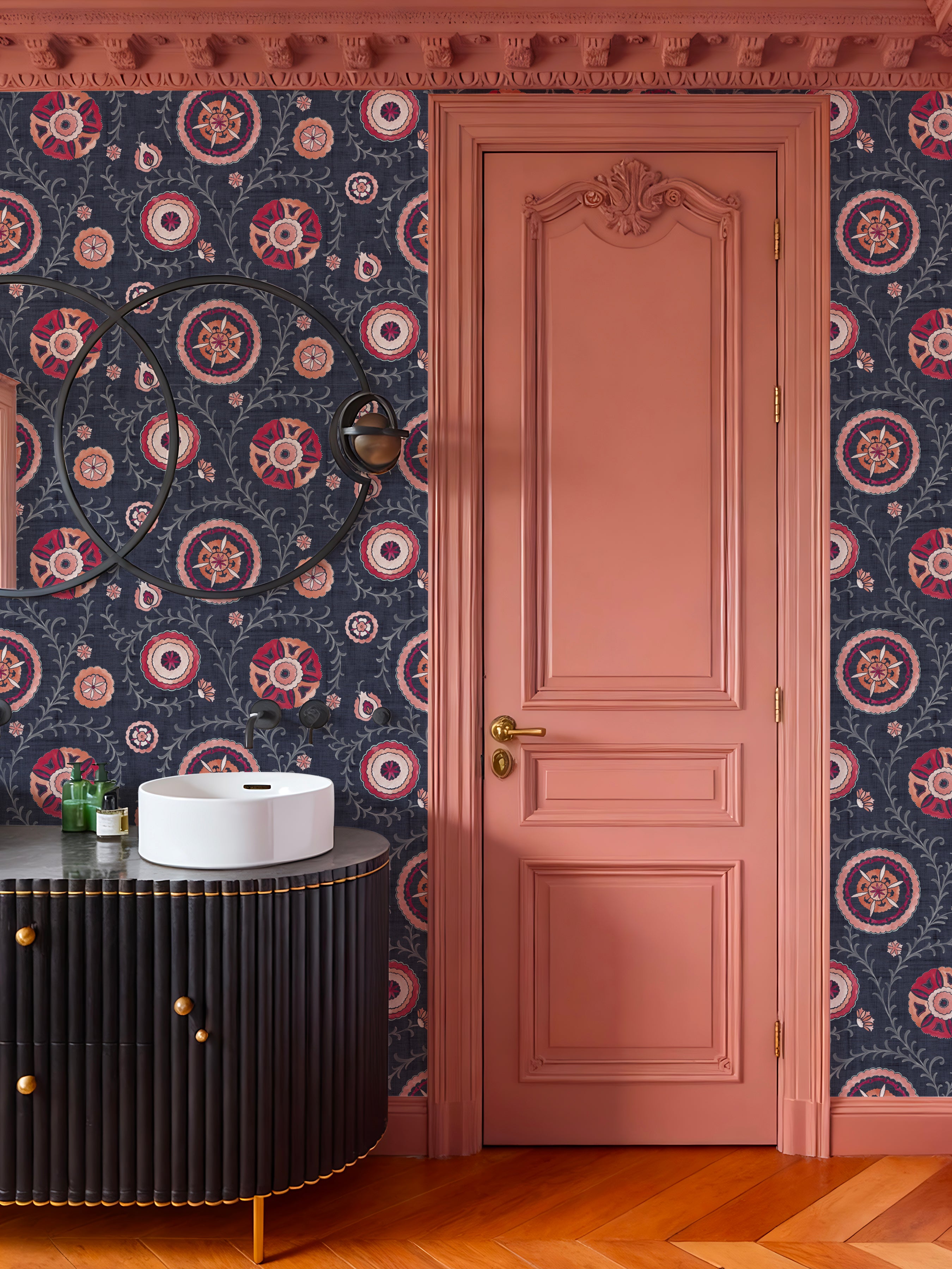 Nahlia Trail Navy/Berry Wallpaper - Esselle Home