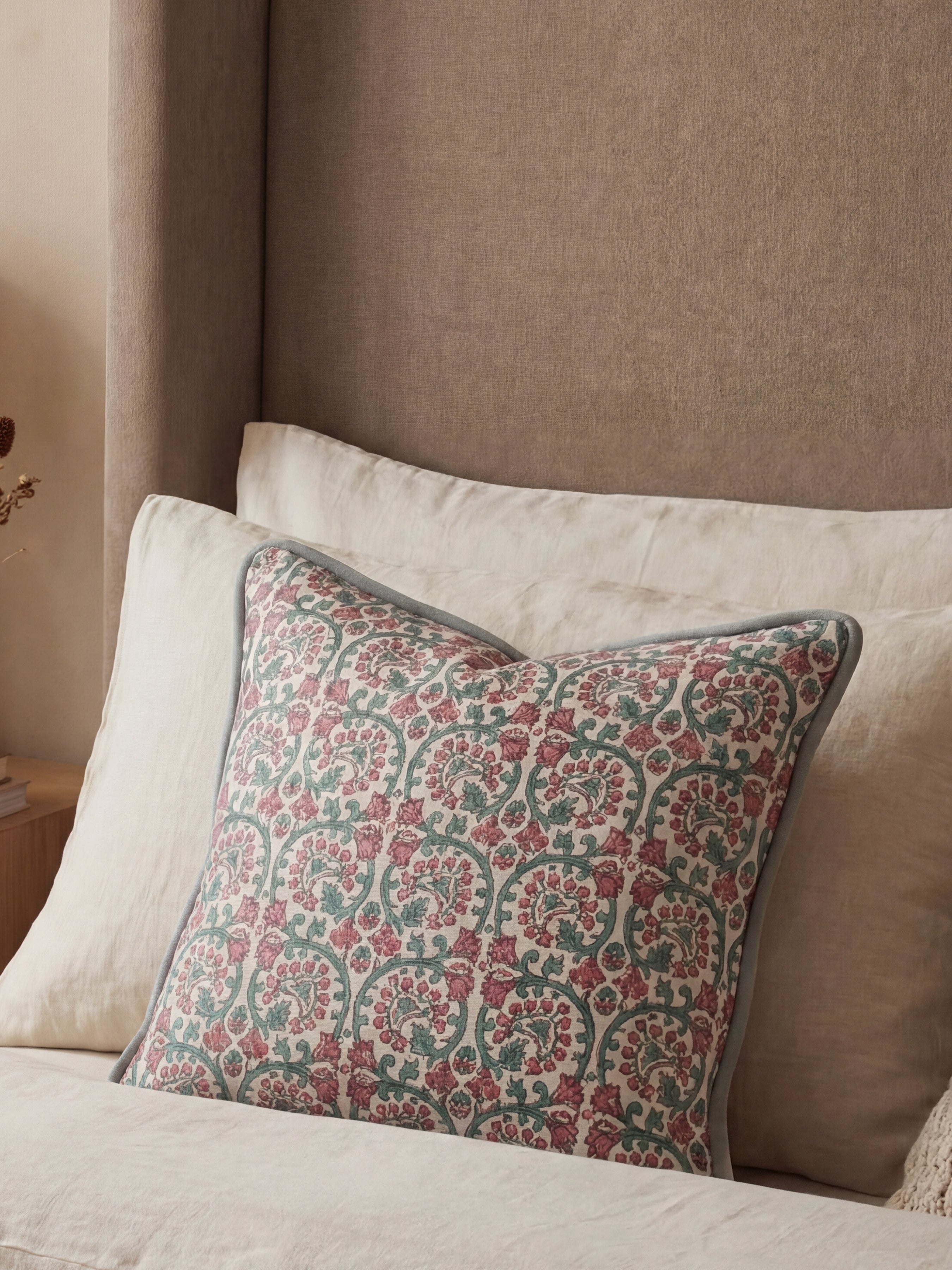 Veda Linen Teal/Raspberry Cushion - Esselle Home