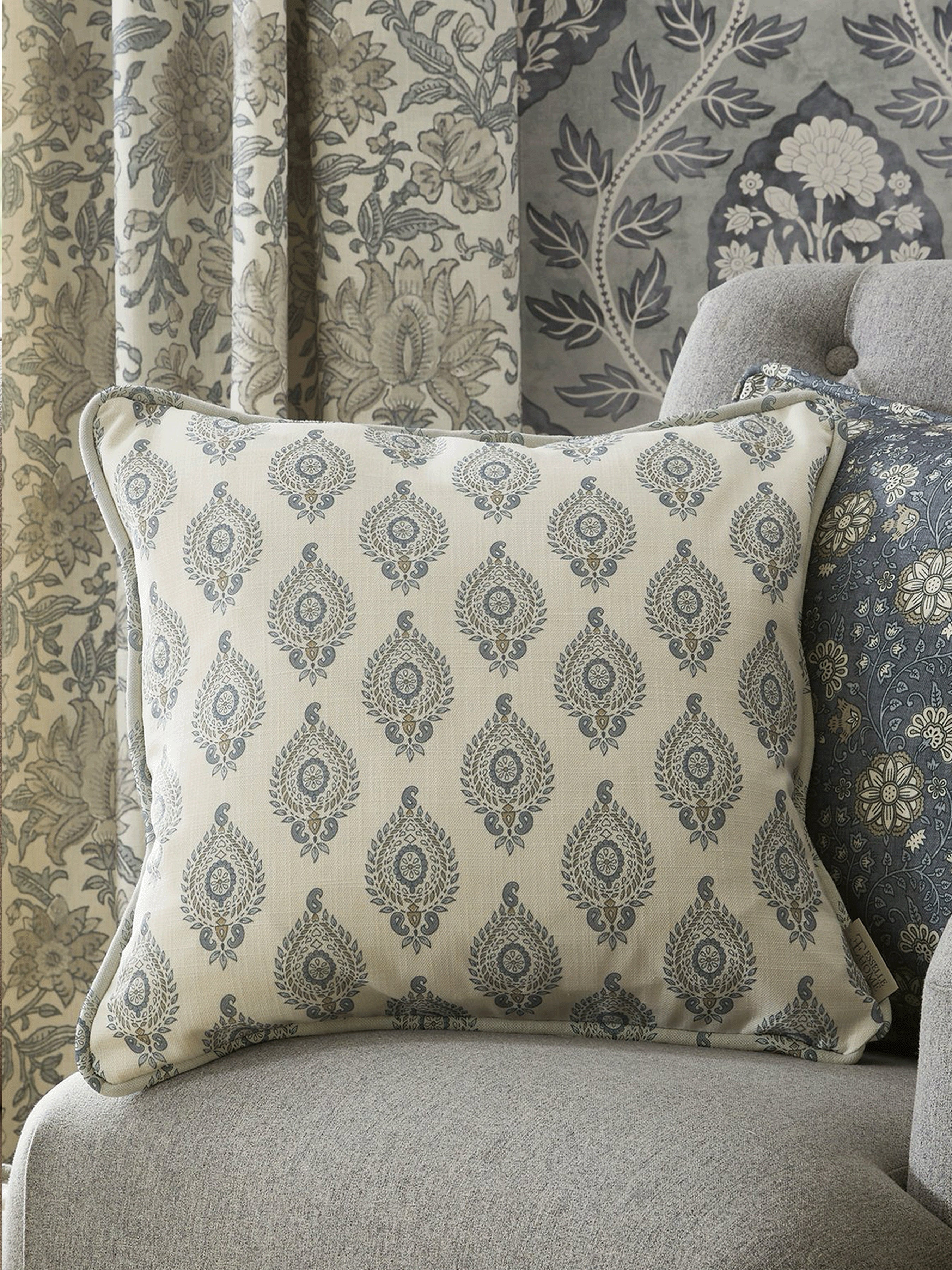 Naya Motif Blue/Taupe Cushion - Esselle Home