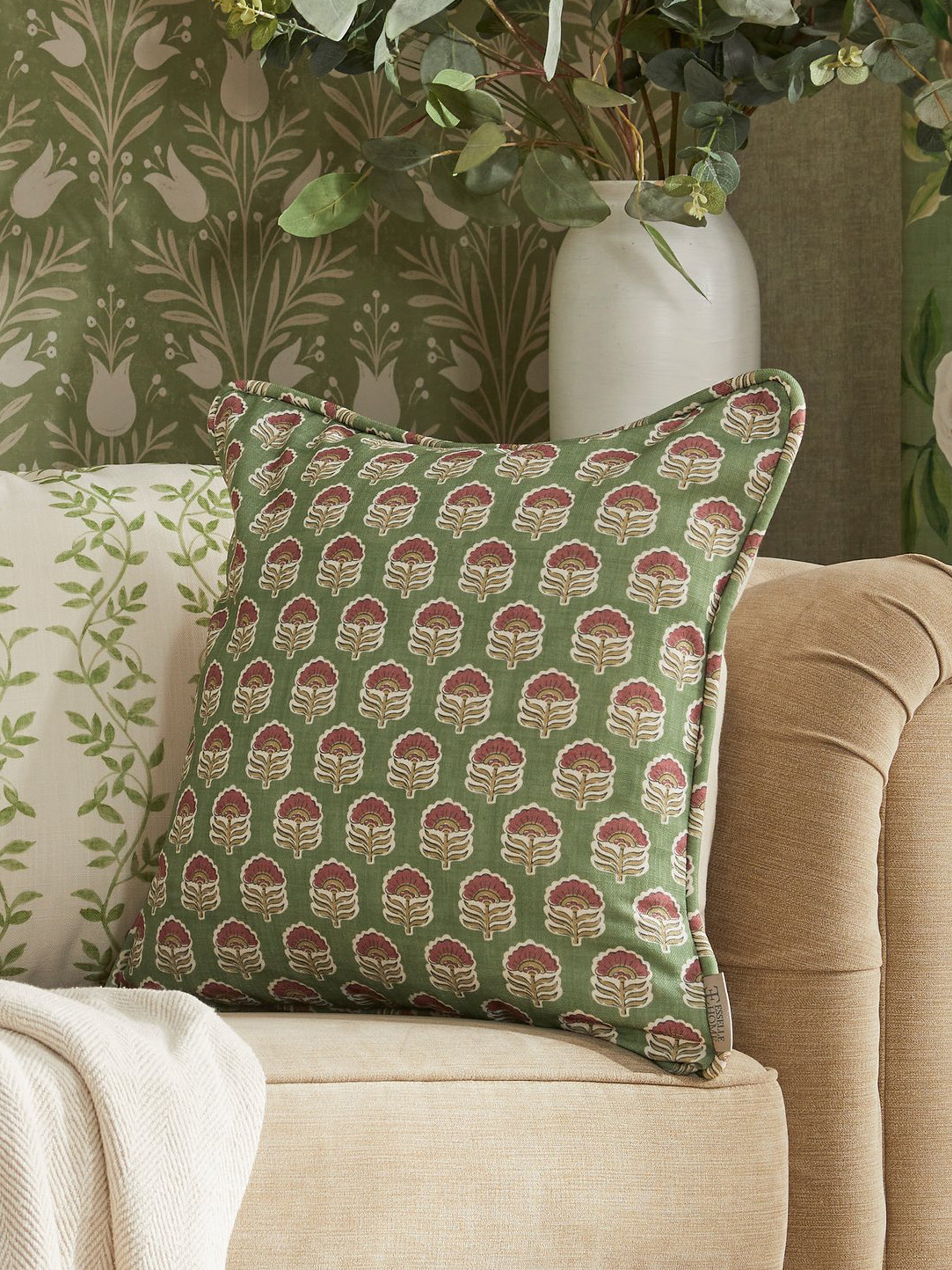 Wallington Floral Moss/Raspberry Cushion - Esselle Home