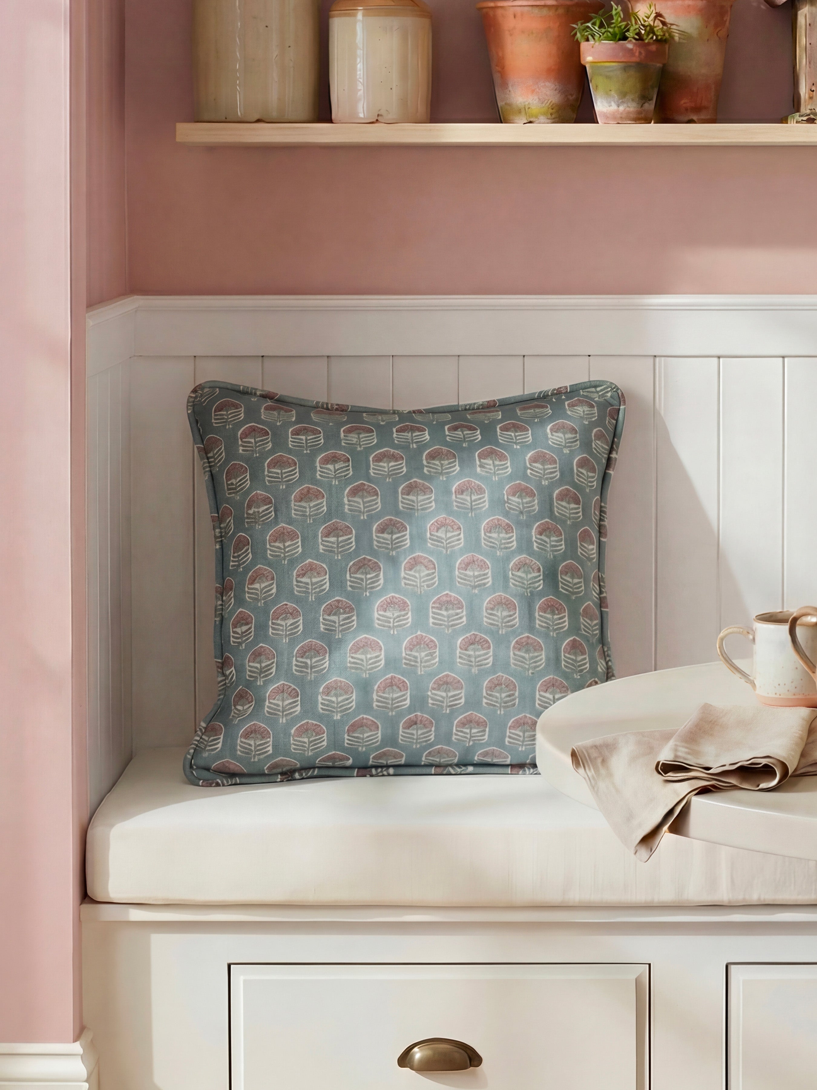 Wallington Floral Slate/Dusky Pink Cushion - Esselle Home