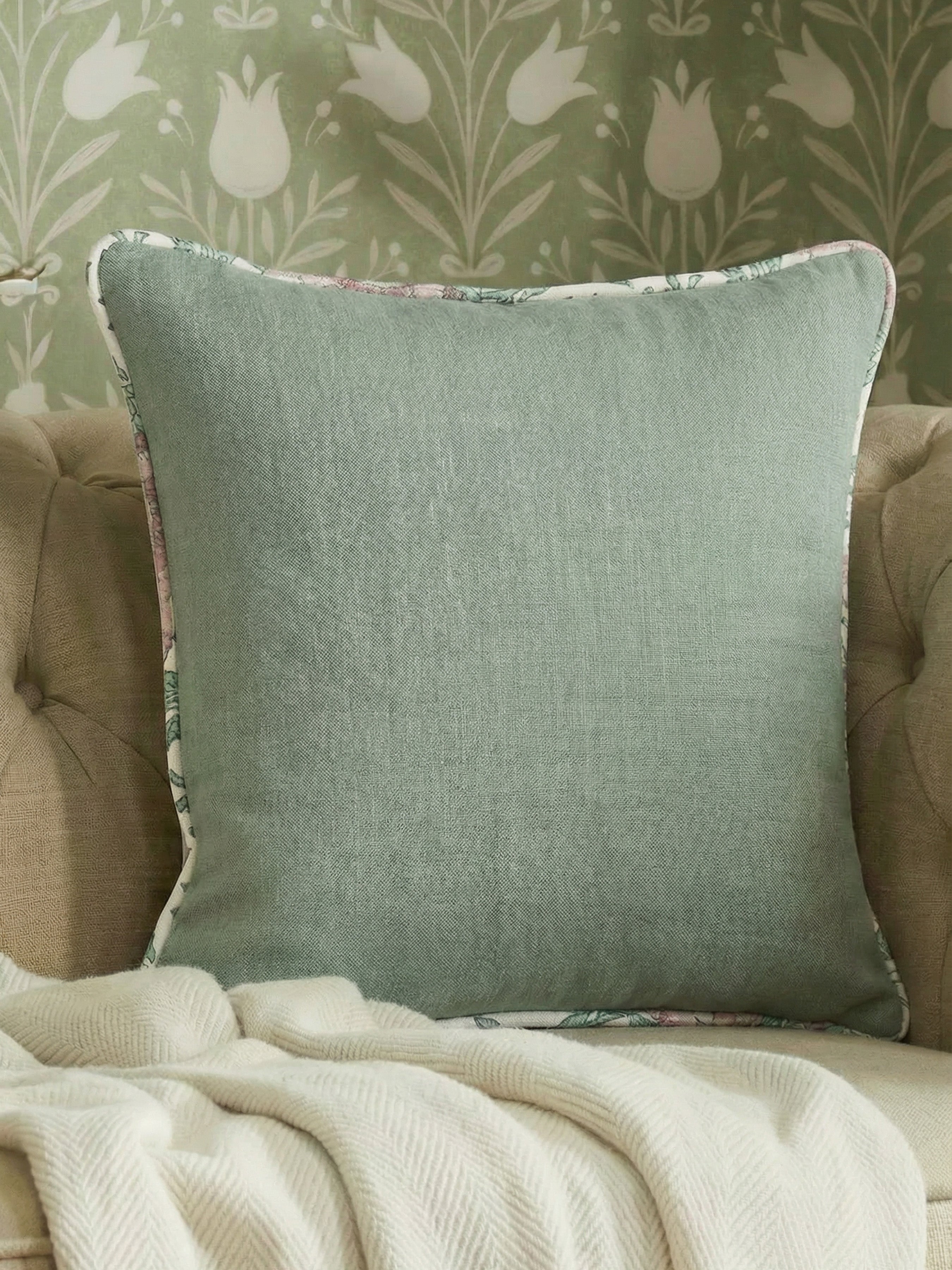 Eden Plain/Nima Floral Mineral Green Cushion - Esselle Home