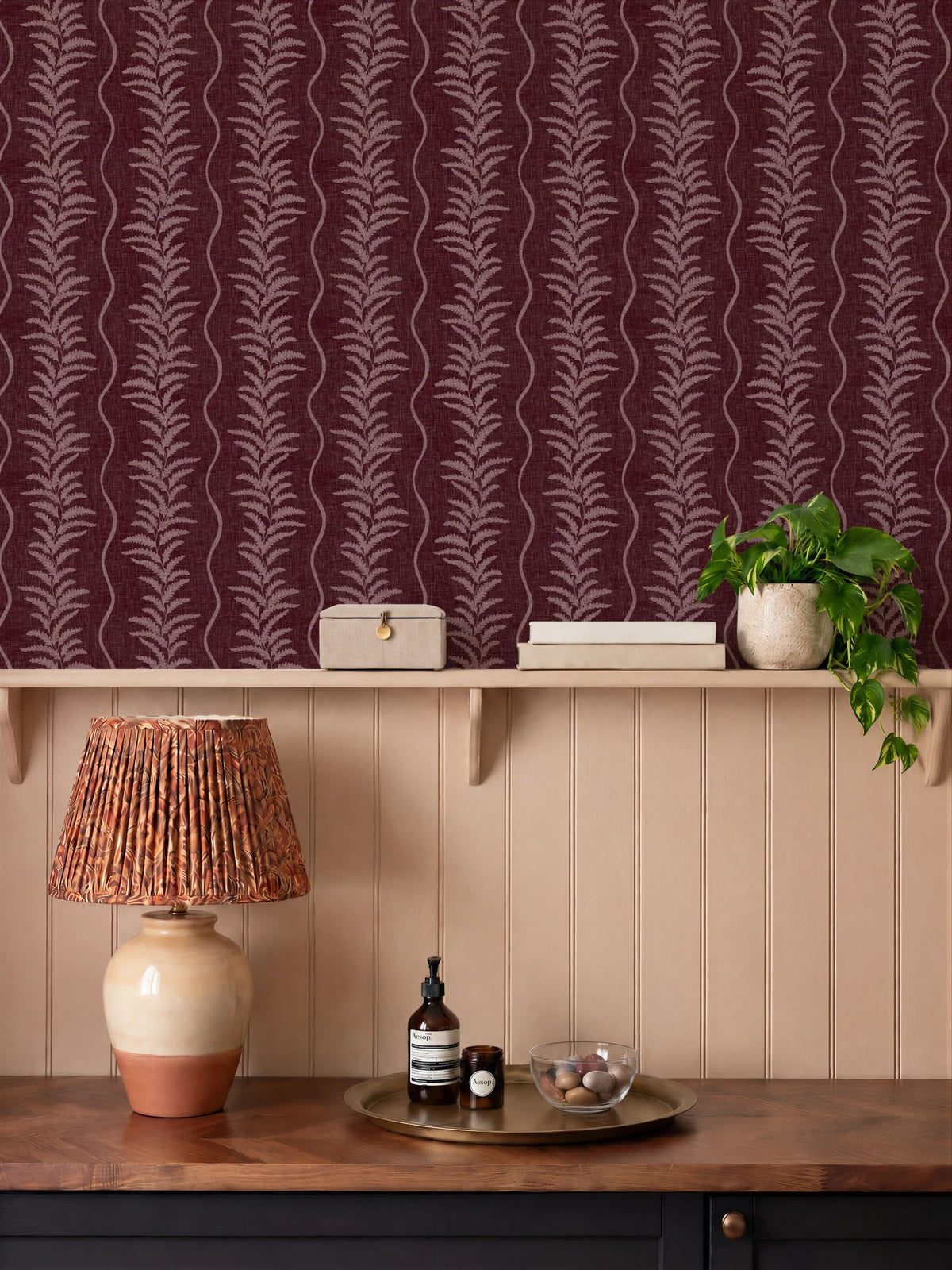 Fern Wave Burgundy Wallpaper - Esselle Home