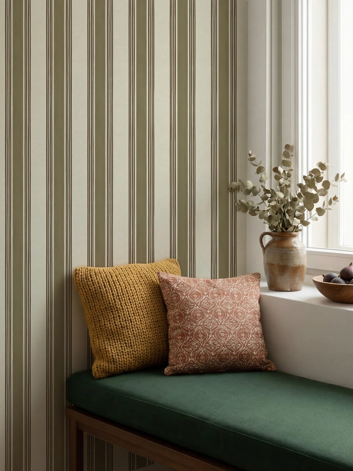 Old World Stripe Olive Green Wallpaper - Esselle Home