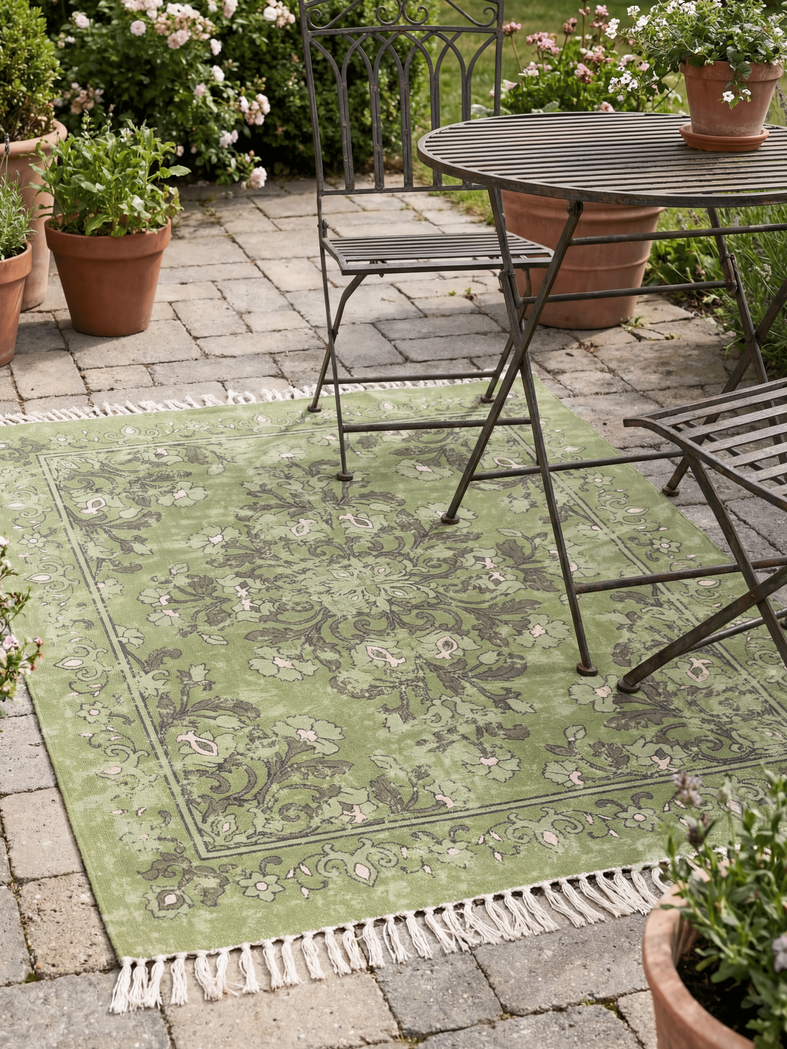 Kew Antique Printed 120x170cm Olive Rug with Tassel - Esselle Home