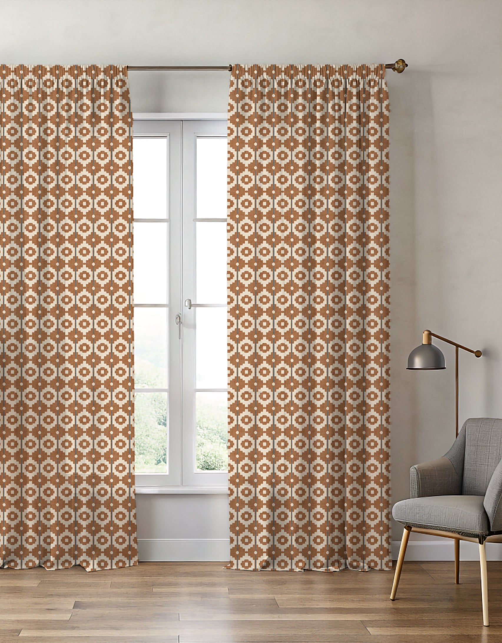 Santiago Geo Burnt Orange/Teal Curtain