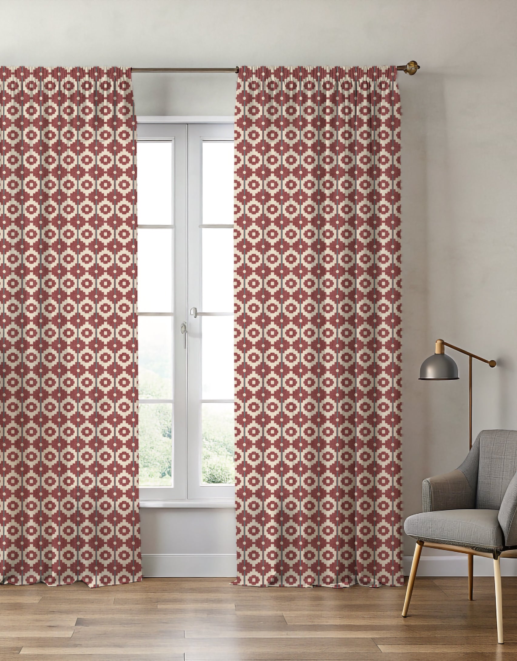 Santiago Geo Red/Teal Curtain