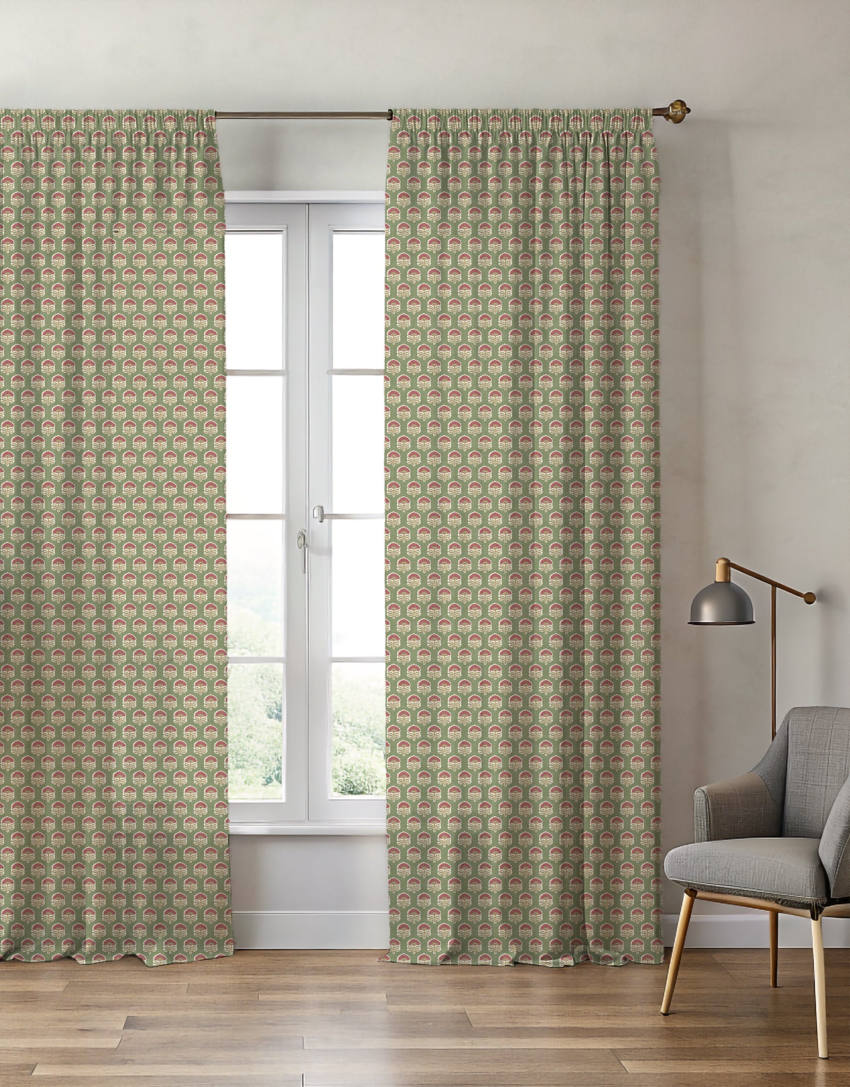 Wallington Floral Moss/Raspberry Curtain