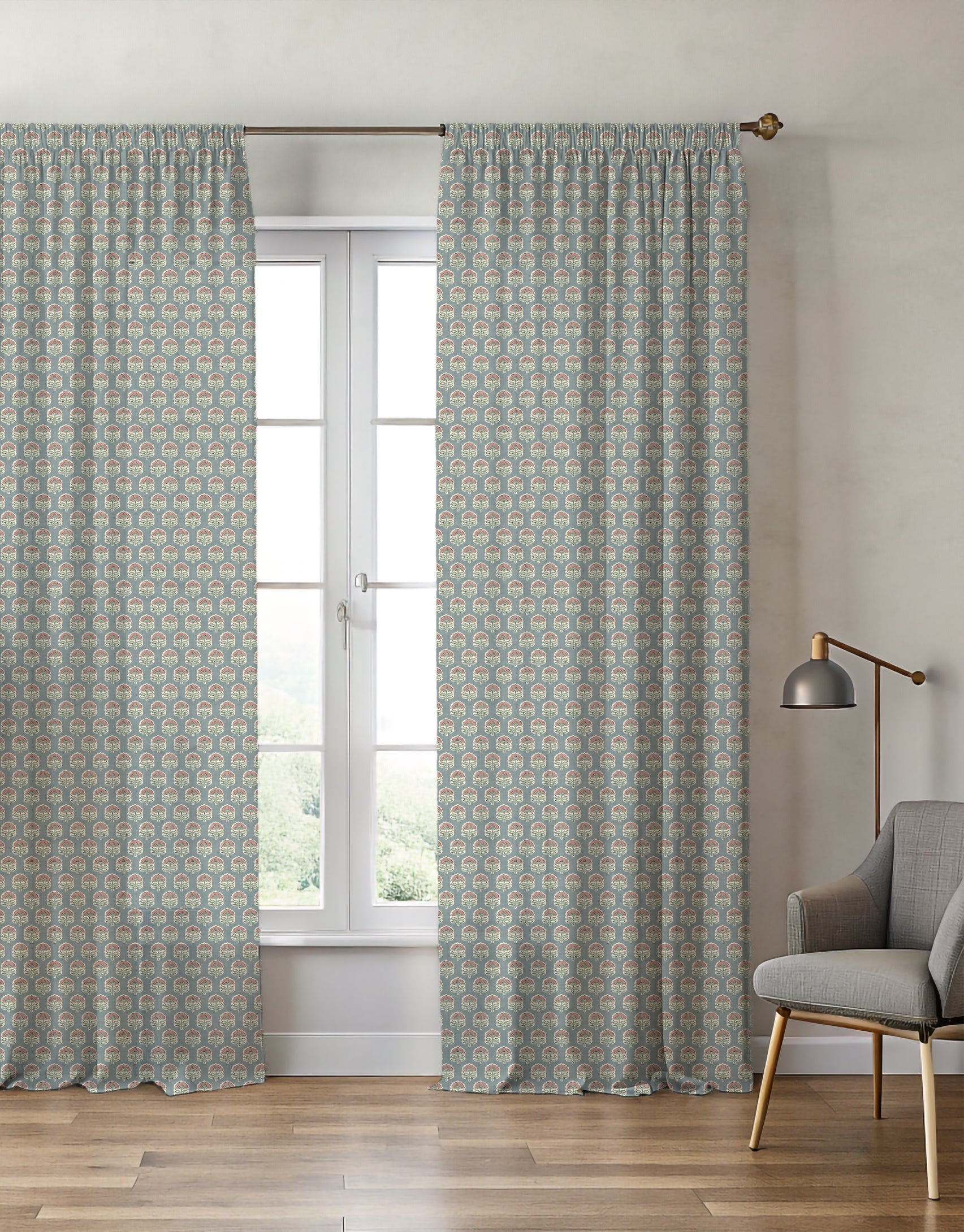 Wallington Floral Slate/Dusky Pink Curtain