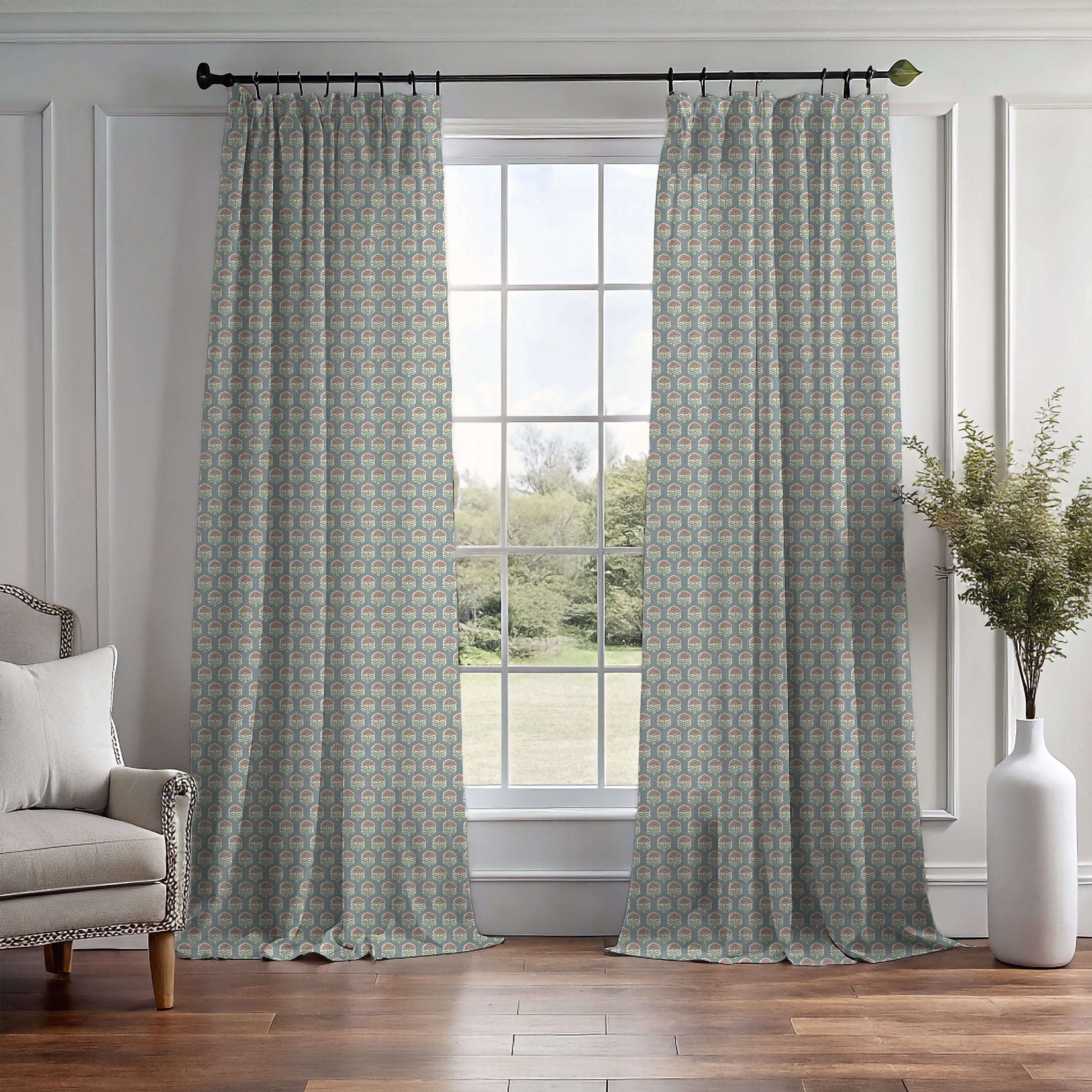 Wallington Floral Slate/Dusky Pink Curtain