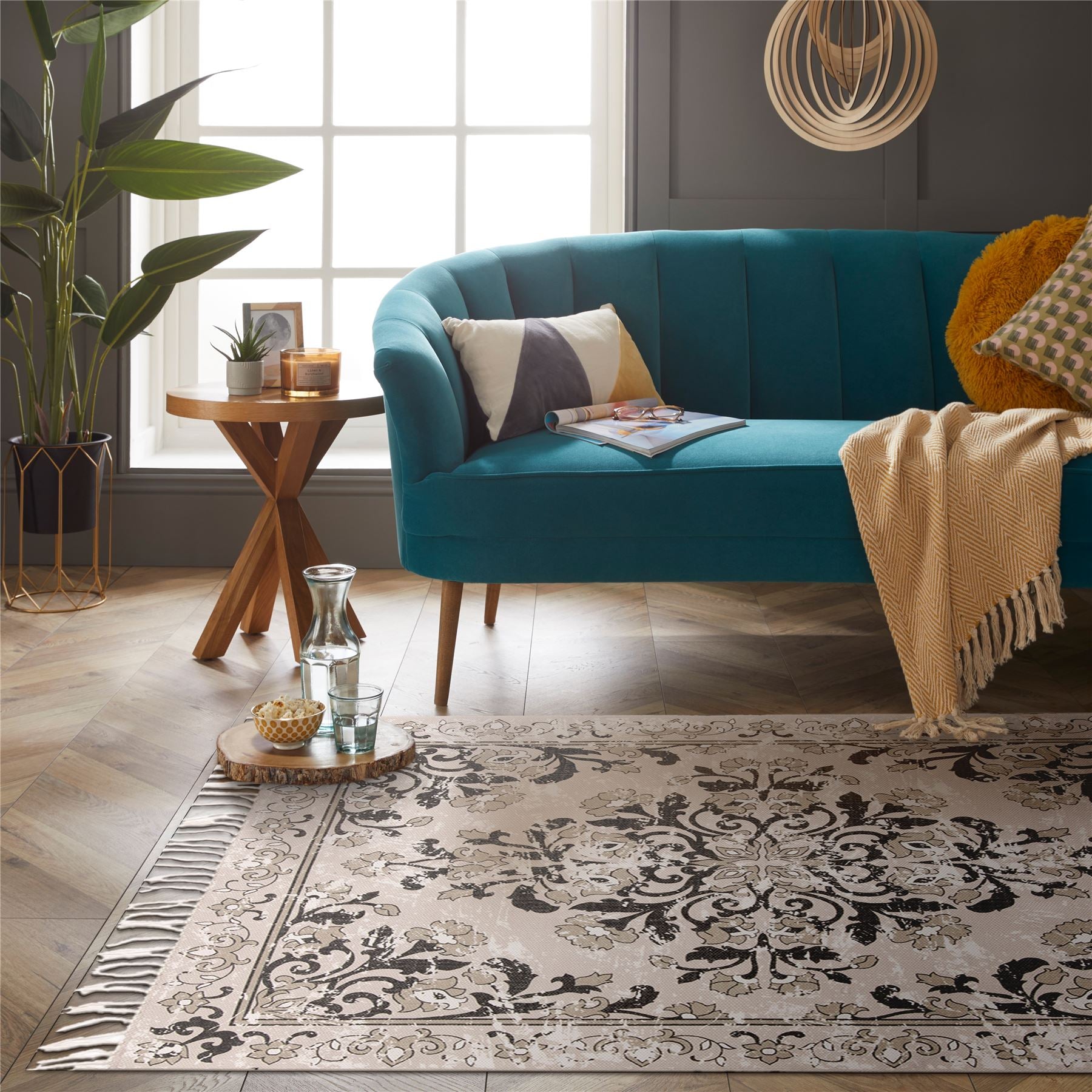 Kew Antique Printed 120x170cm Grey Rug with Tassel