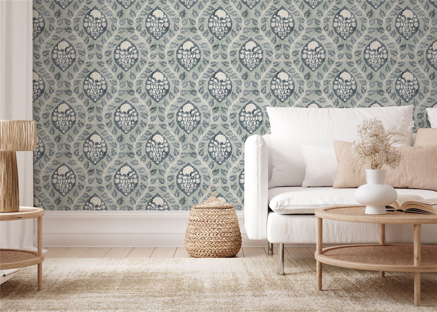 Floral Cartouche Slate Blue Wallpaper