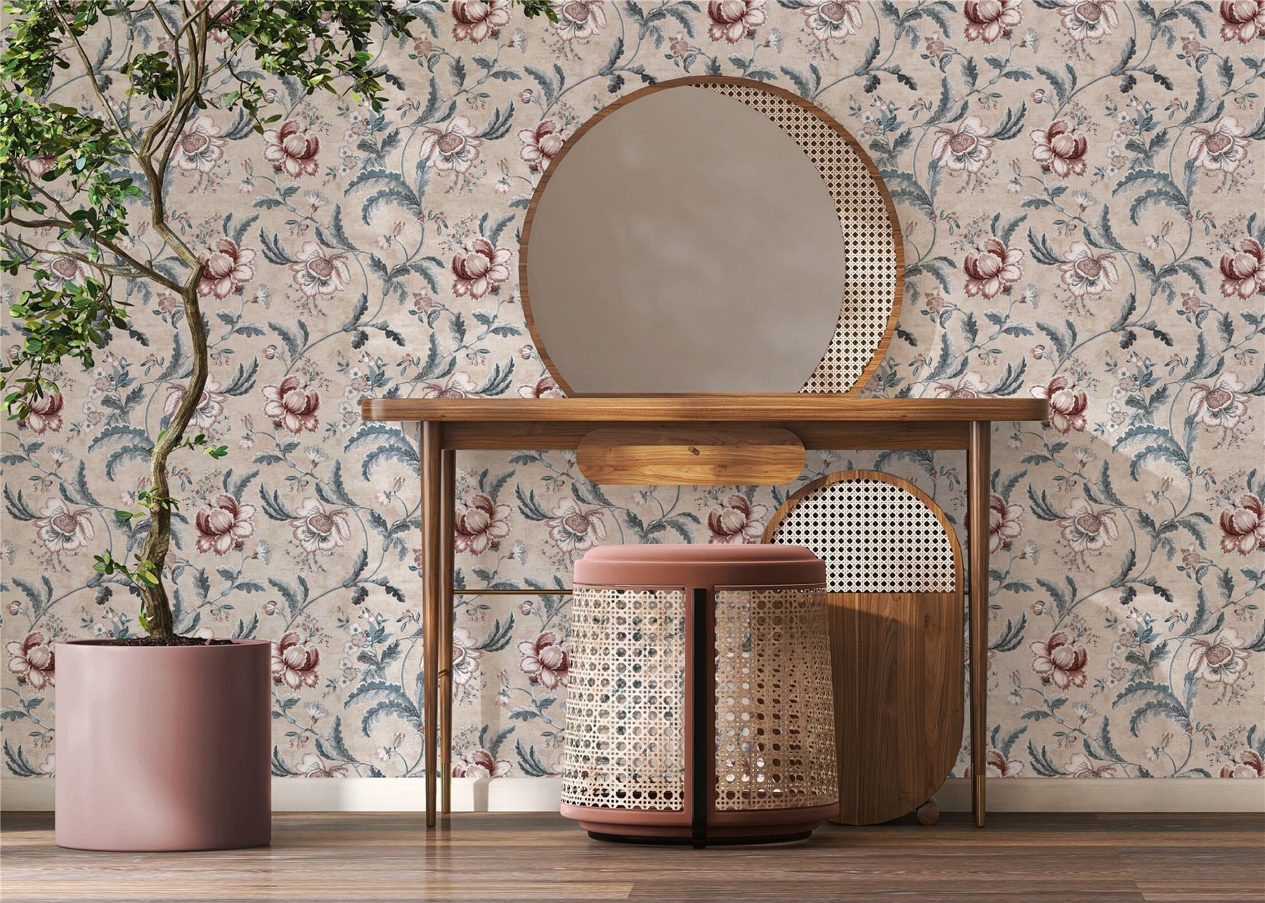 Tapestry Floral Vermilion Blue Wallpaper - Esselle Home