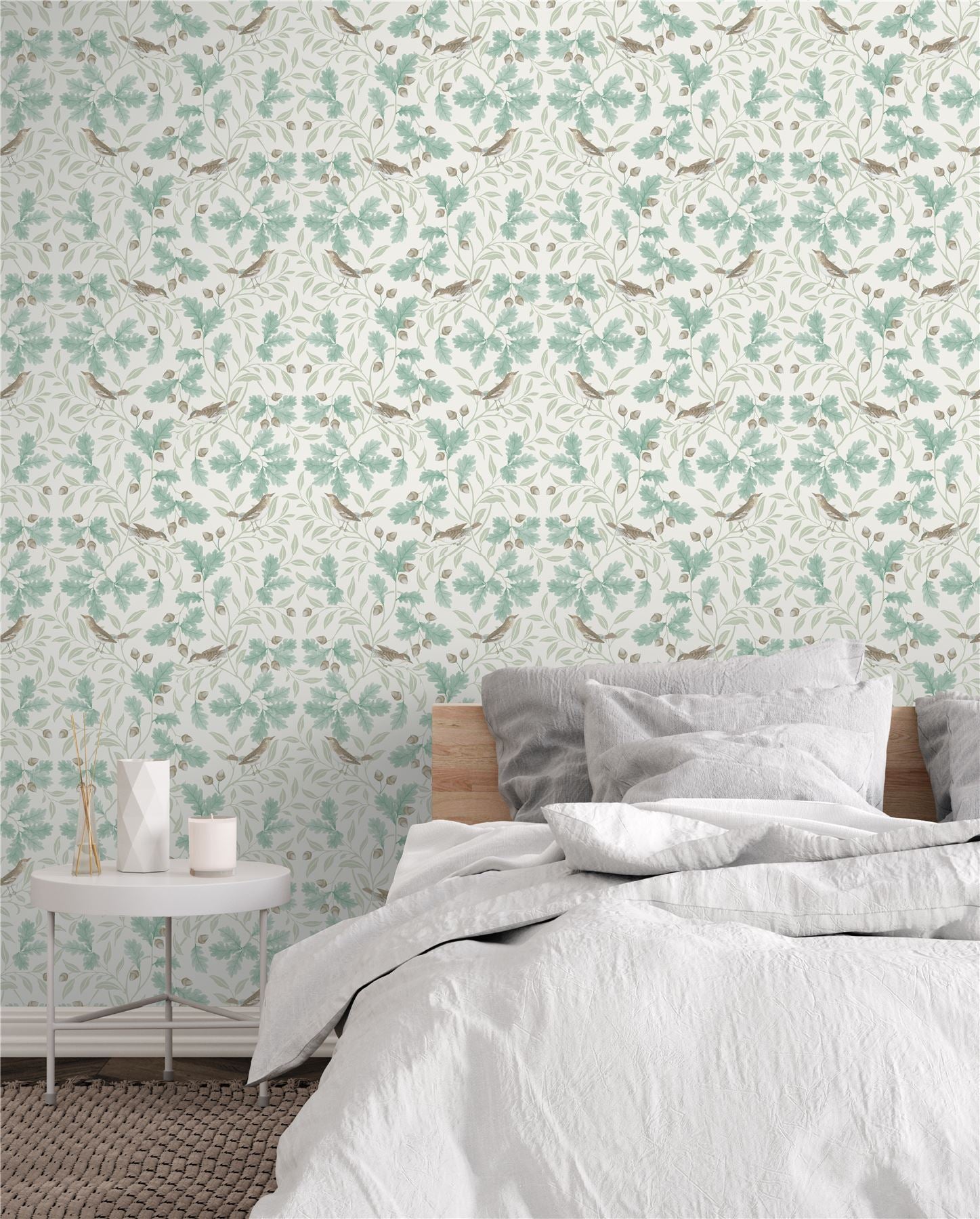 RHS Woodland Songbirds Sage Wallpaper