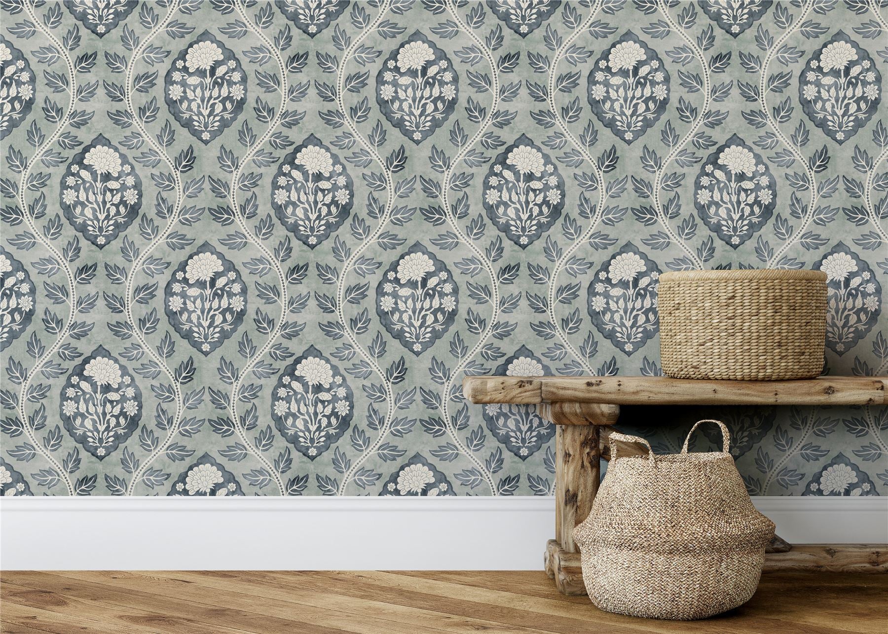 Floral Cartouche Slate Blue Wallpaper