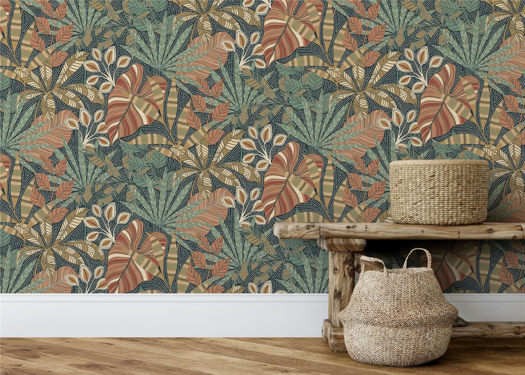 Kirra Leaf Navy/Spice Wallpaper