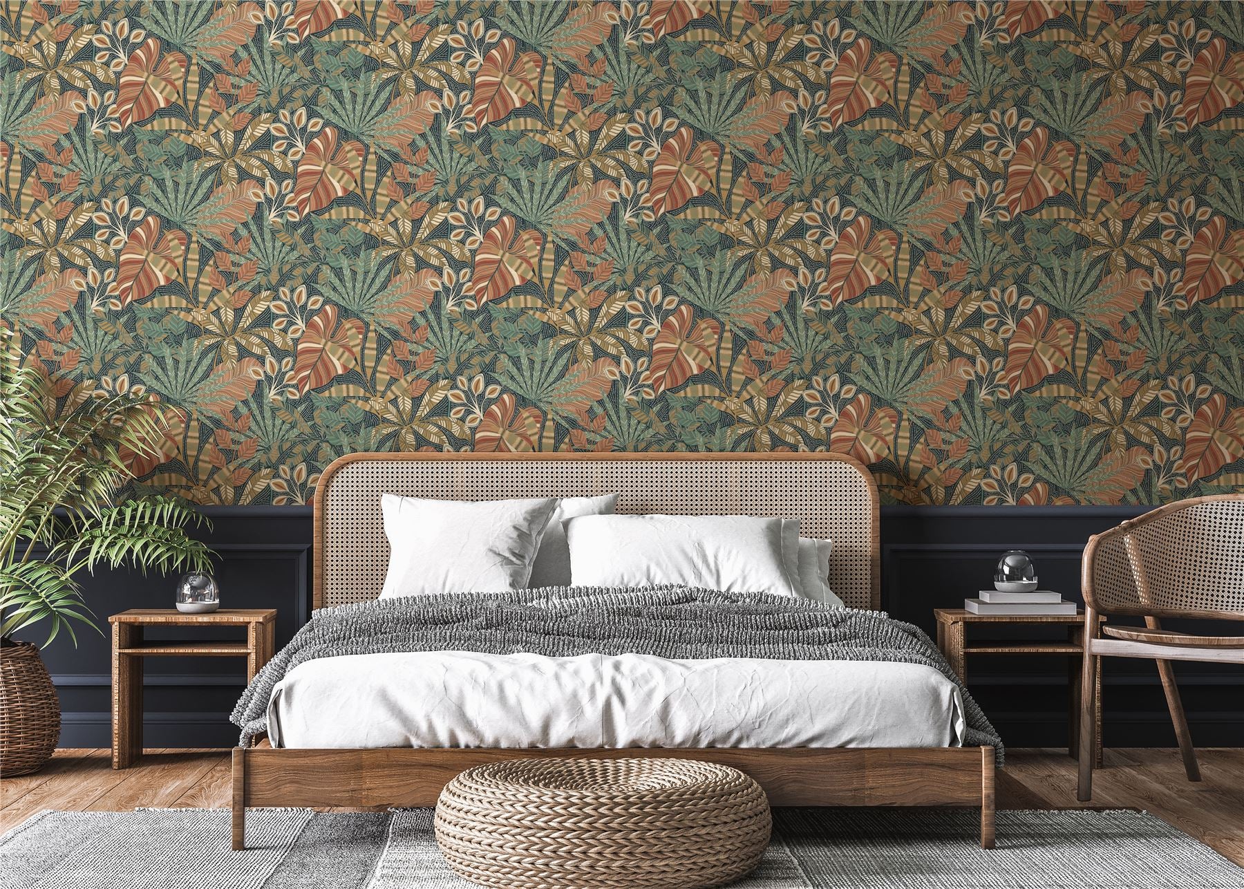 Kirra Leaf Navy/Spice Wallpaper