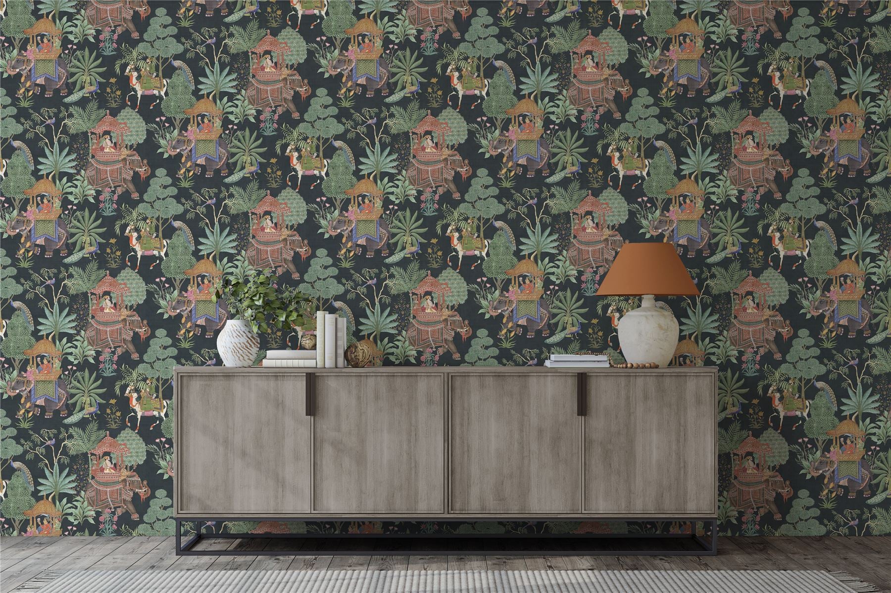 Emperor's Garden Black Multicoloured Wallpaper - Esselle Home