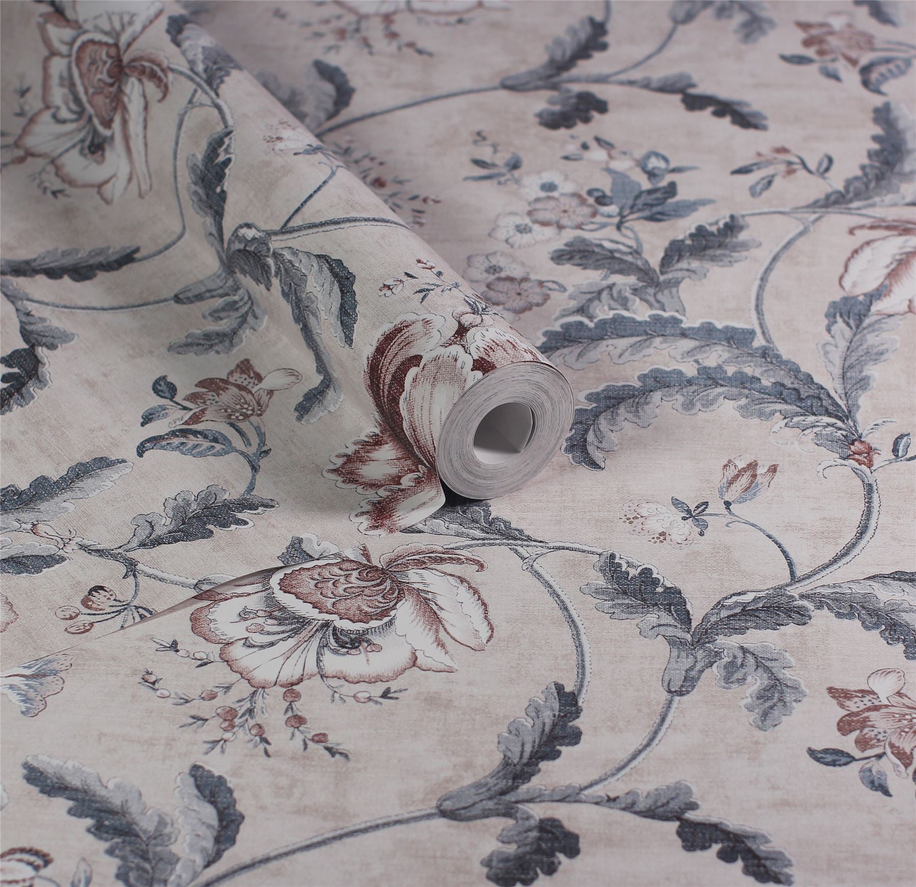 Tapestry Floral Vermilion Blue Wallpaper