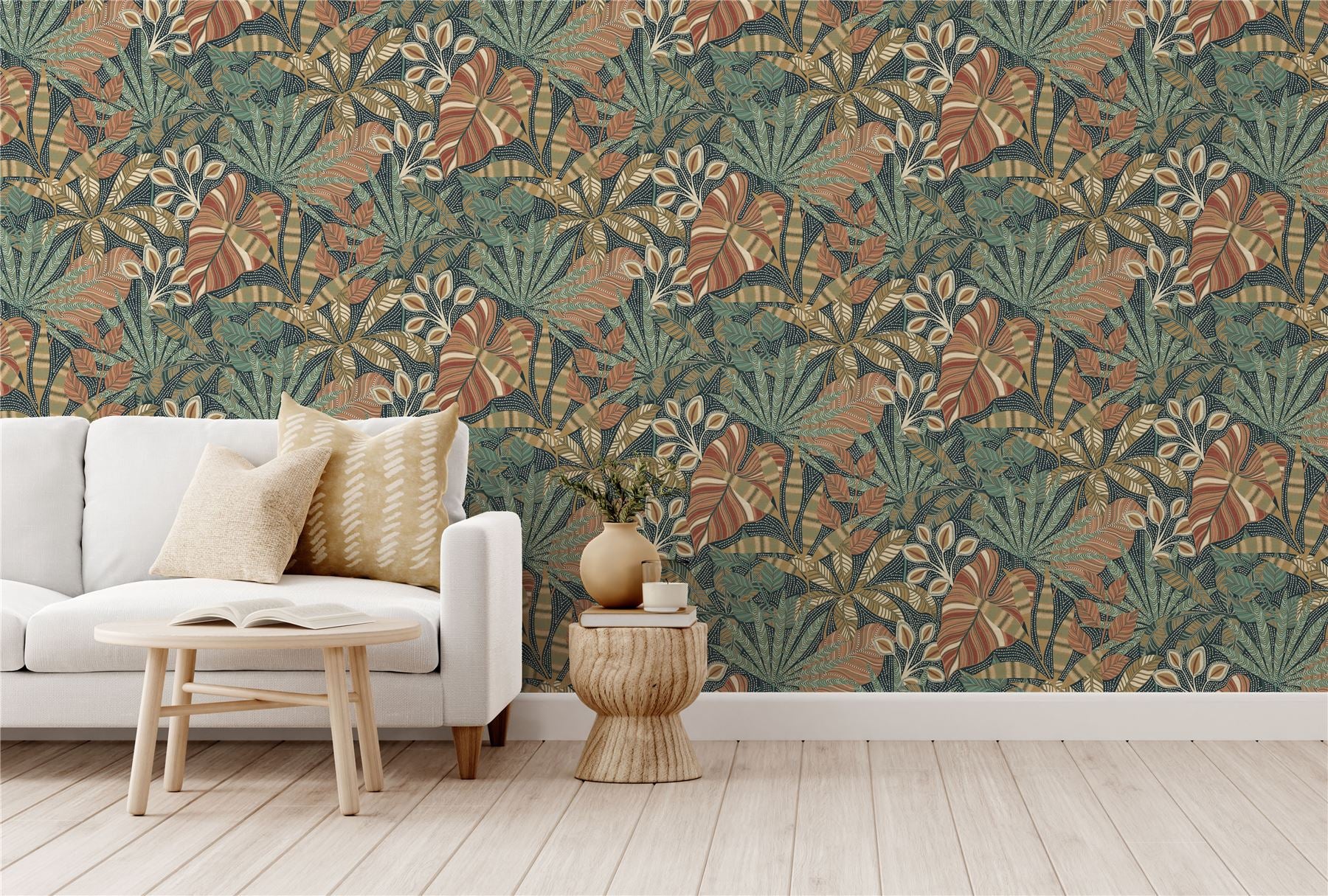 Kirra Leaf Navy/Spice Wallpaper