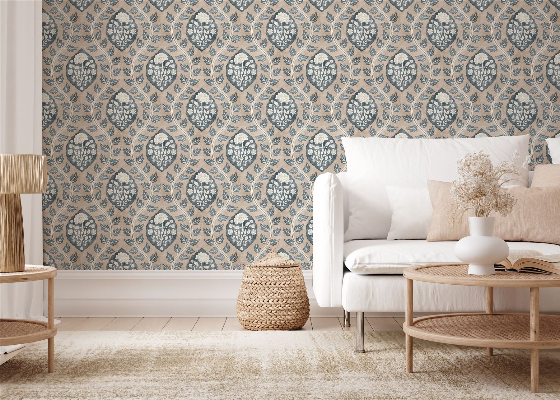 Floral Cartouche Stone Blue Wallpaper - Esselle Home