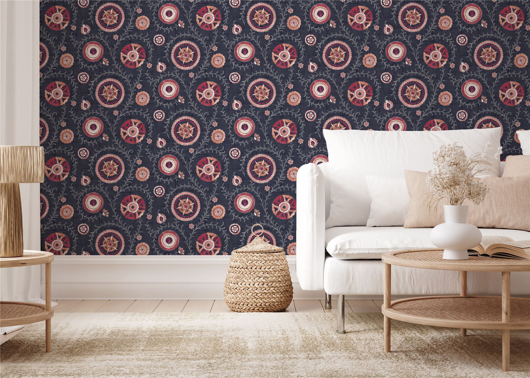 Nahlia Trail Navy/Berry Wallpaper - Esselle Home