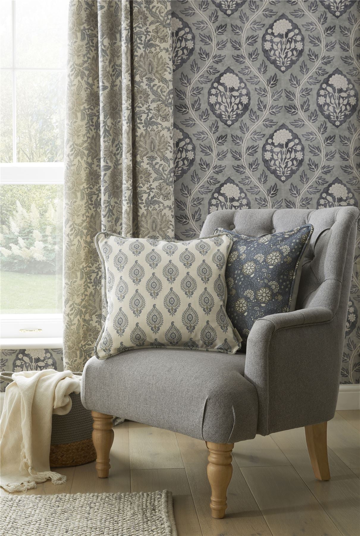 Floral Cartouche Slate Blue Wallpaper