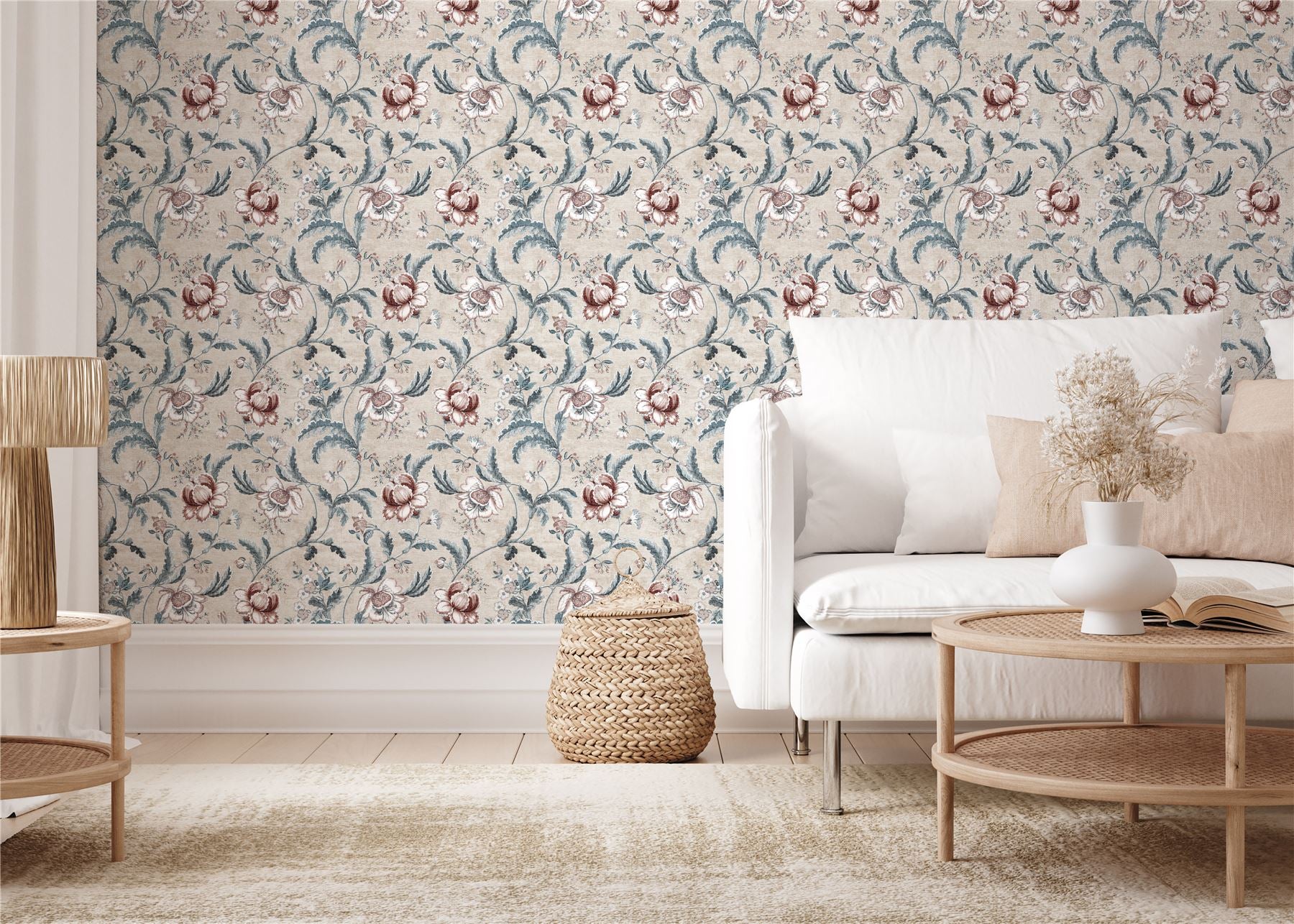 Tapestry Floral Vermilion Blue Wallpaper
