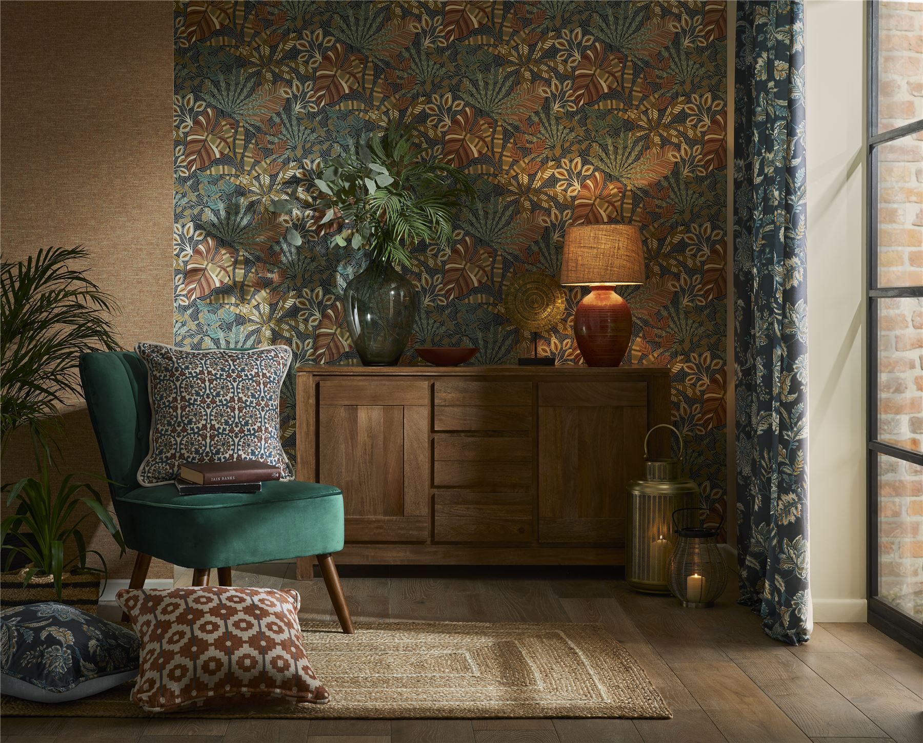 Kirra Leaf Navy/Spice Wallpaper - Esselle Home