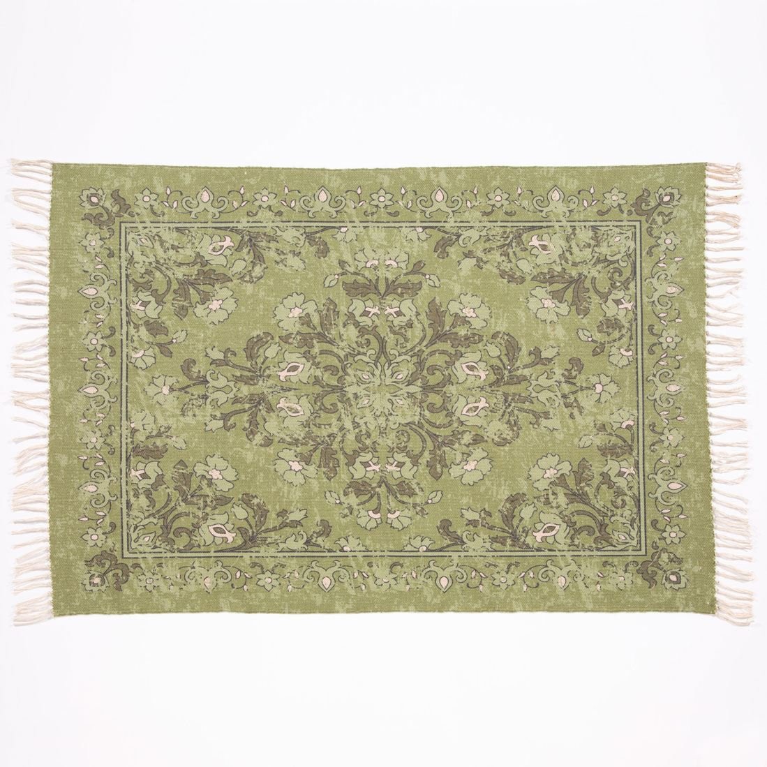 Kew Antique Printed 120x170cm Olive Rug with Tassel - Esselle Home