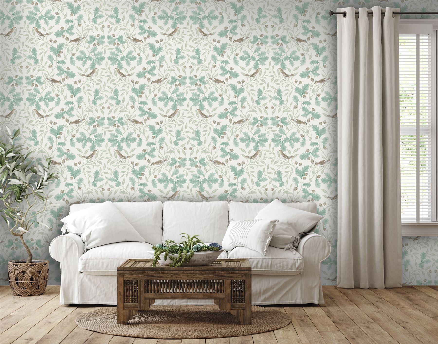 RHS Woodland Songbirds Sage Wallpaper