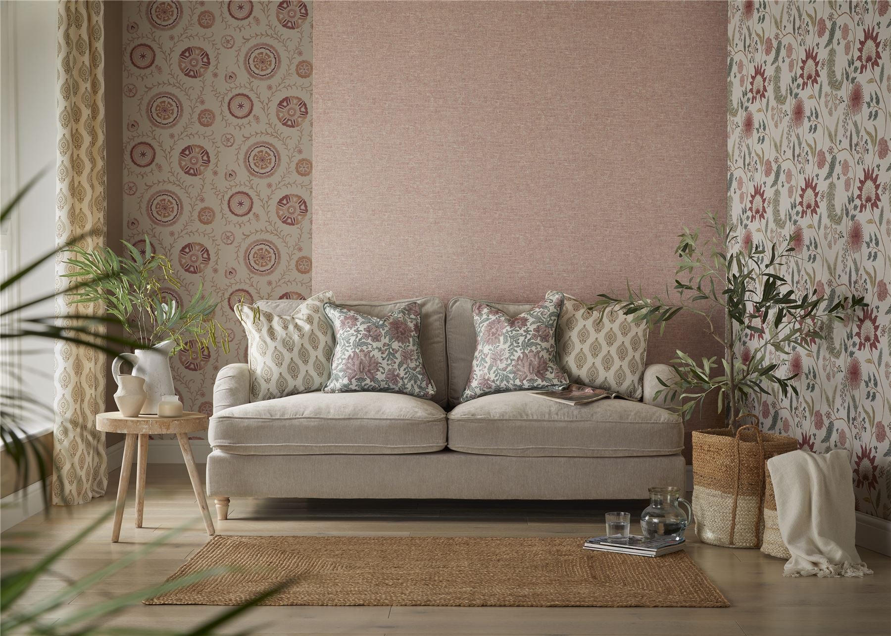 Fable Trail Linen/Raspberry/Green Wallpaper - Esselle Home