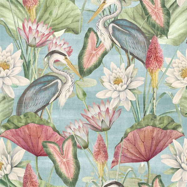 Waterlily Lake Soft Blue Wallpaper