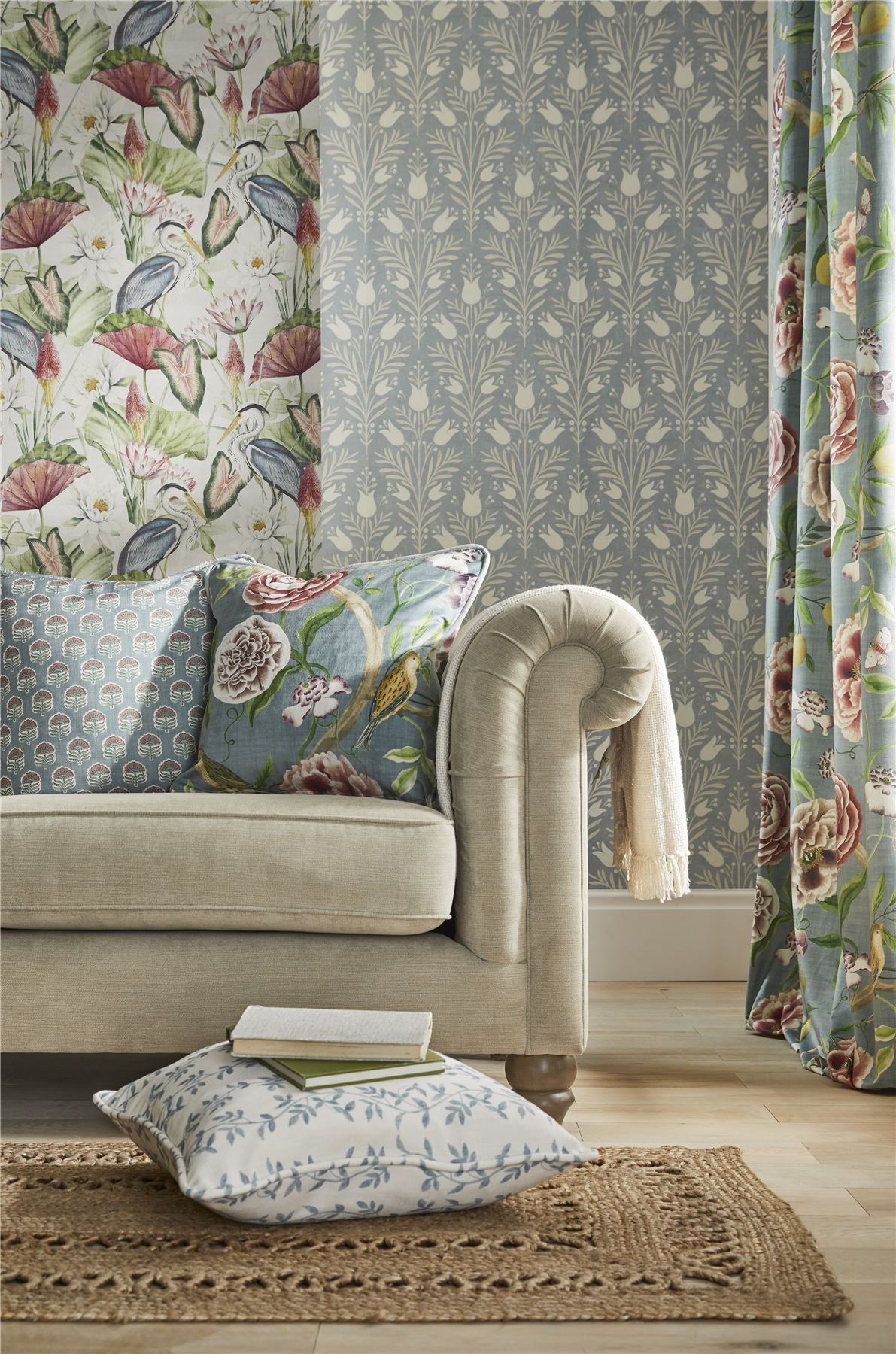 English Glasshouse botanical curtains and wallpaper by a garden window