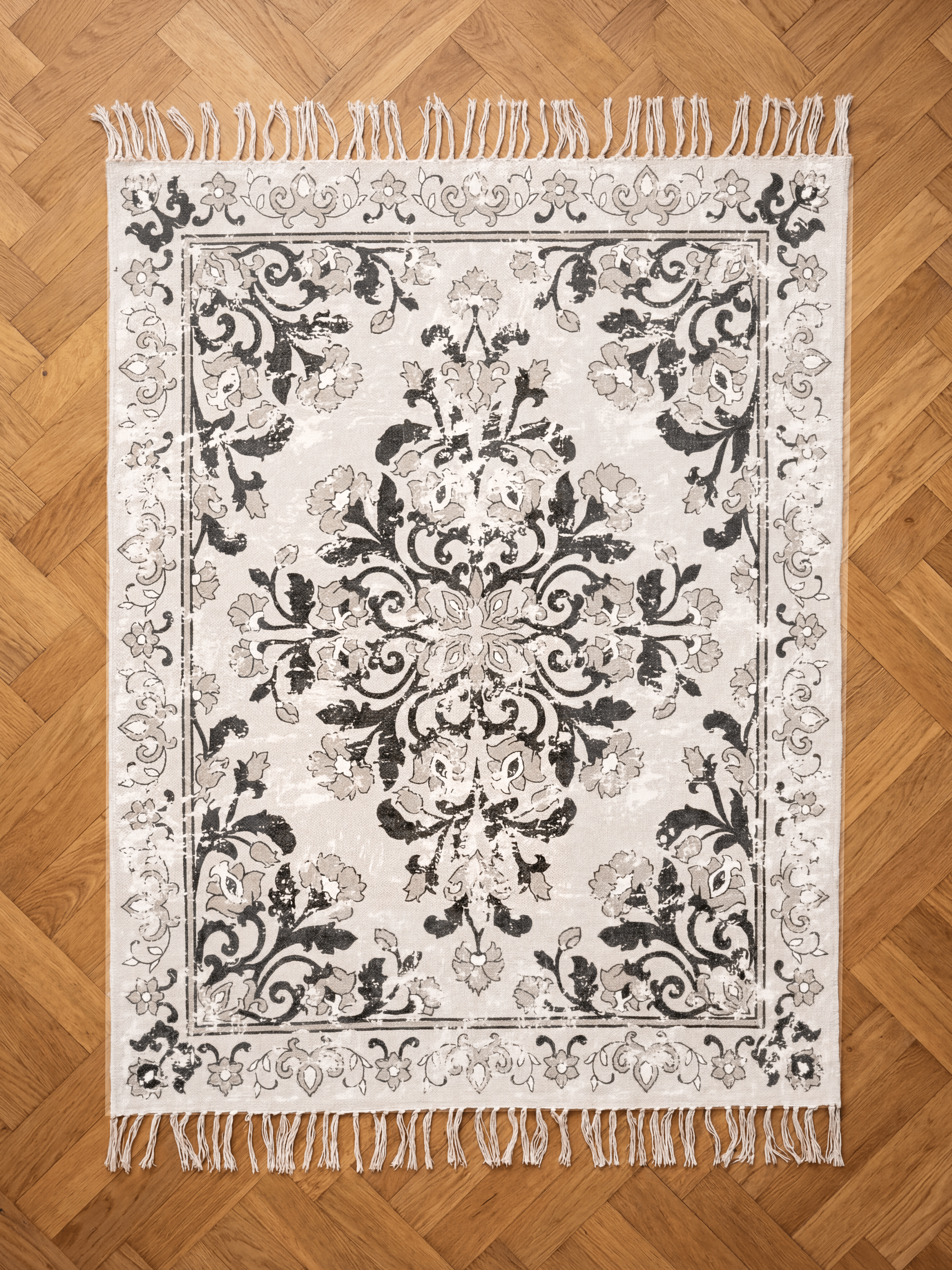 Kew Antique Printed 160x230cm Grey Rug with Tassel - Esselle Home